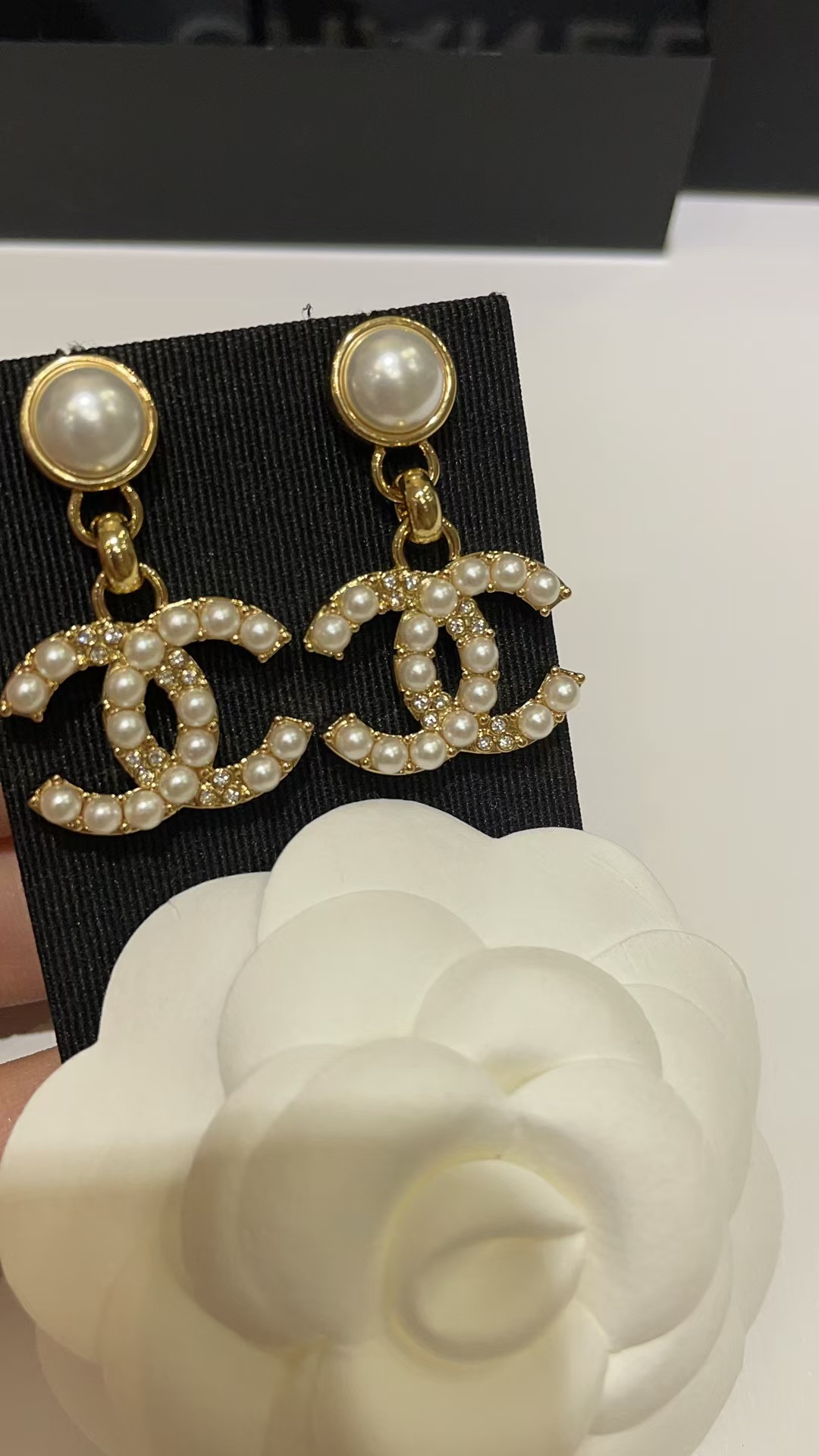 replica Chanel Pearl Paved Double C Earrings - H Lin Jewelry