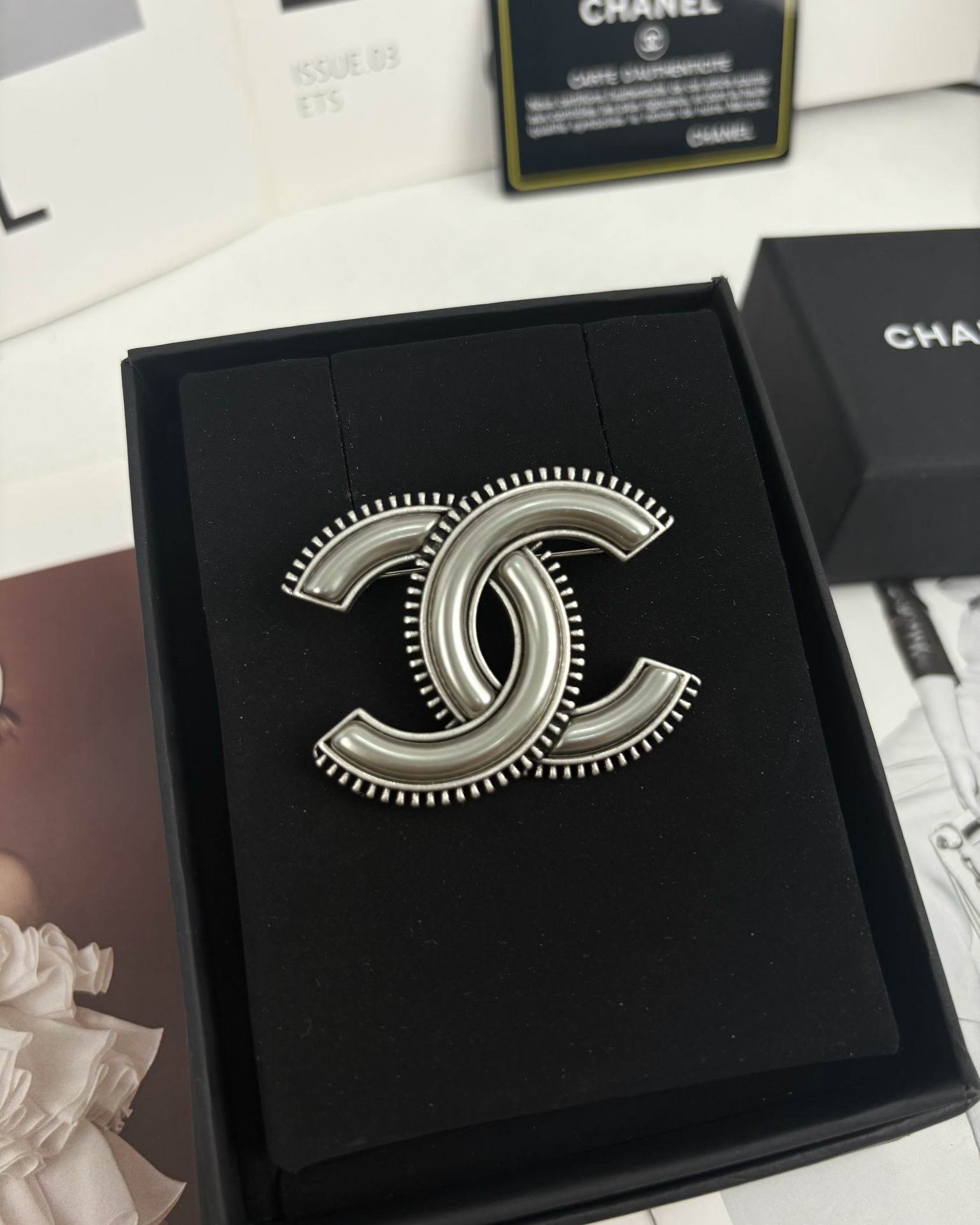 replica Chanel Vintage Gray CC Brooch - H Lin Jewelry