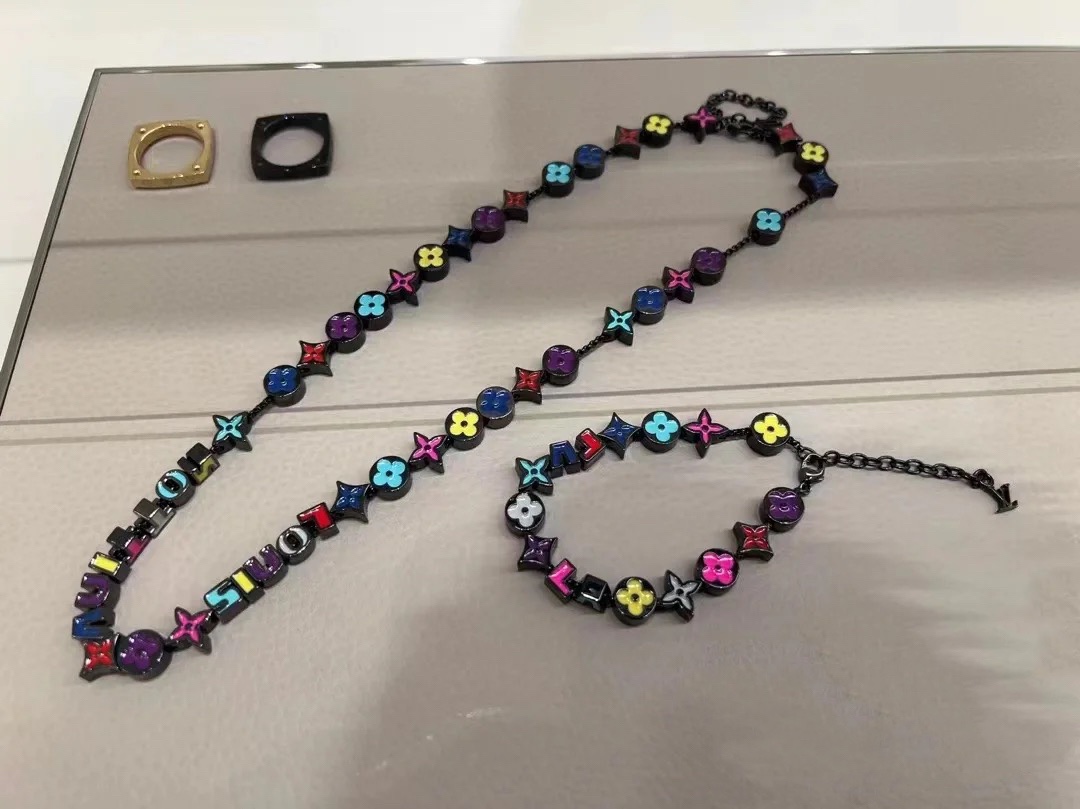 replica Louis Vuitton Black Gold Colorful Enamel Charms Bracelet Necklace for Men - H Lin Jewelry