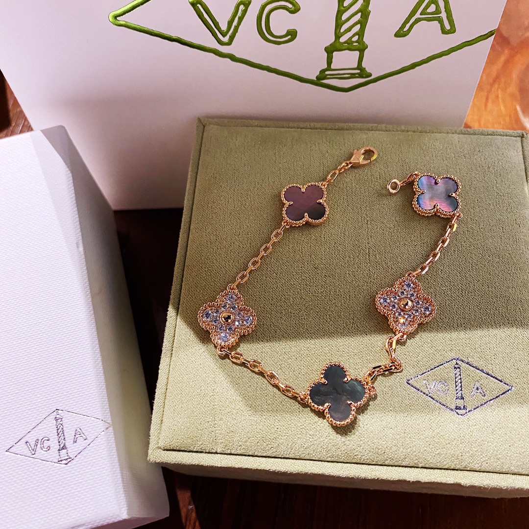 replica Van Cleef & Arpels Gray Mother of Pearl & Diamond Vintage Alhambra Bracelet, 5 Motifs - H Lin Jewelry