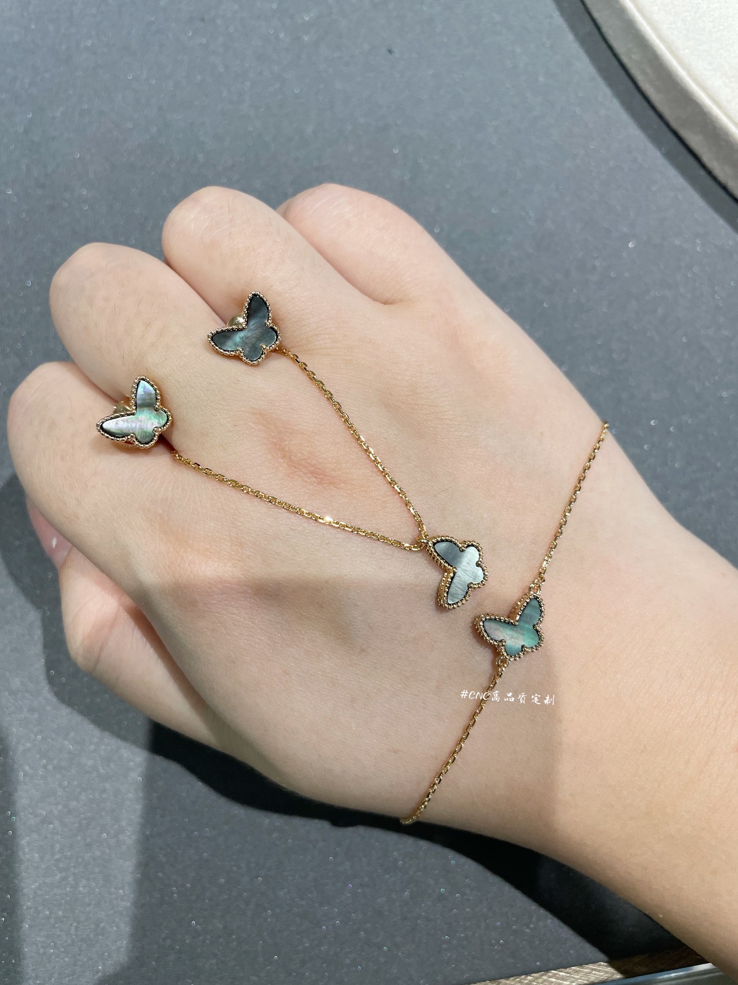 replica Van Cleef & Arpels Fauna Gray Butterfly Earrings Bracelet Necklace - H Lin Jewelry