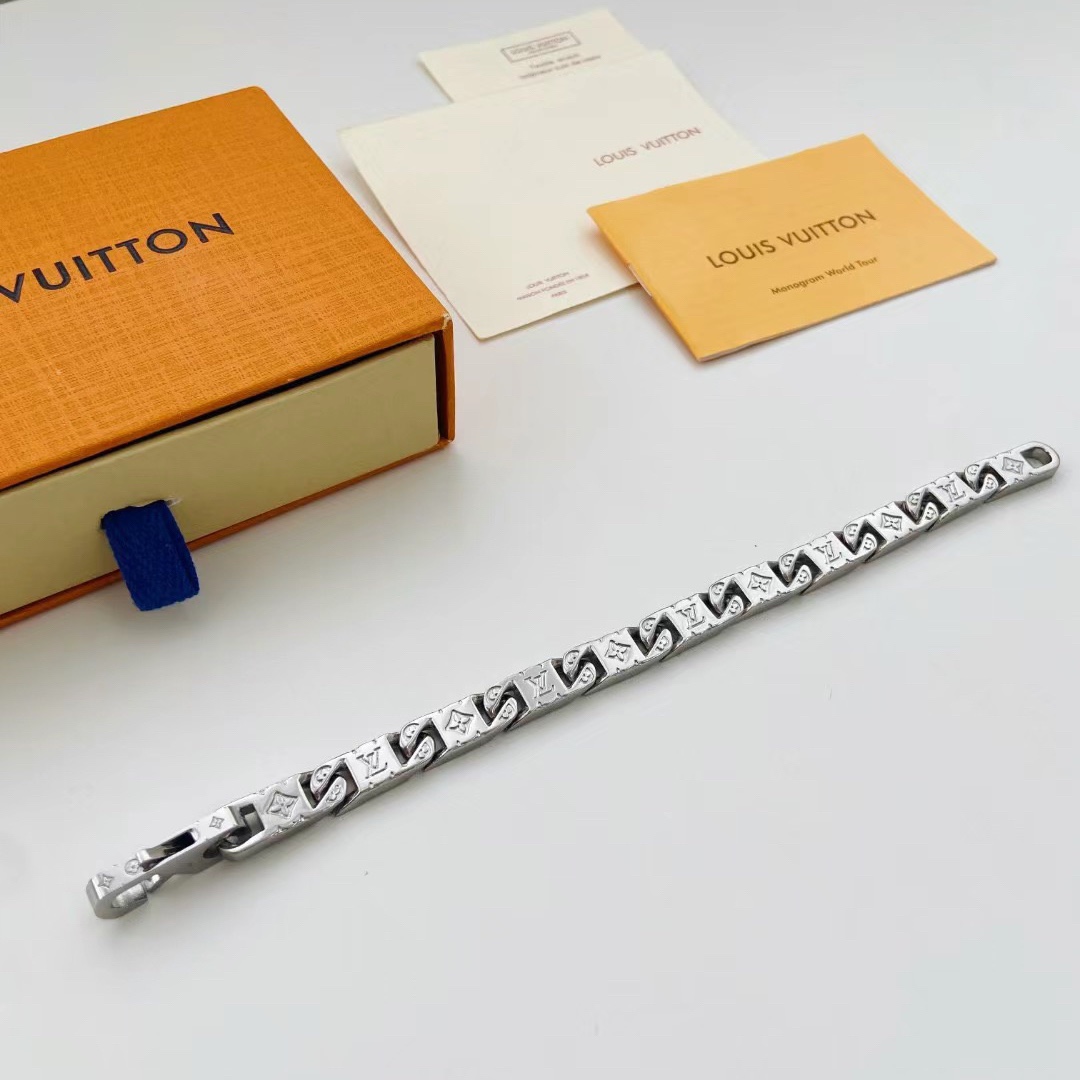 replica Louis Vuitton Silver Monogram Mens Bracelet - H Lin Jewelry