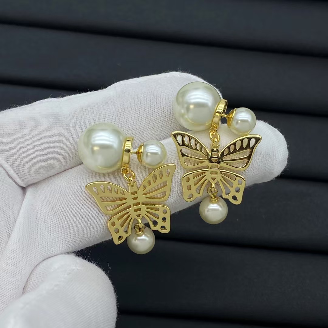 replica Dior Gold Butterfly Pearl Drop Earrings - H Lin Jewelry