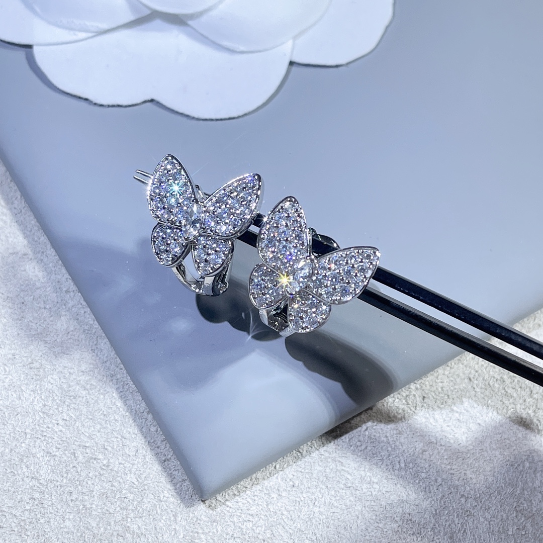 replica Van Cleef & Arpels Paved Diamond Silver Butterfly Earrings - H Lin Jewelry