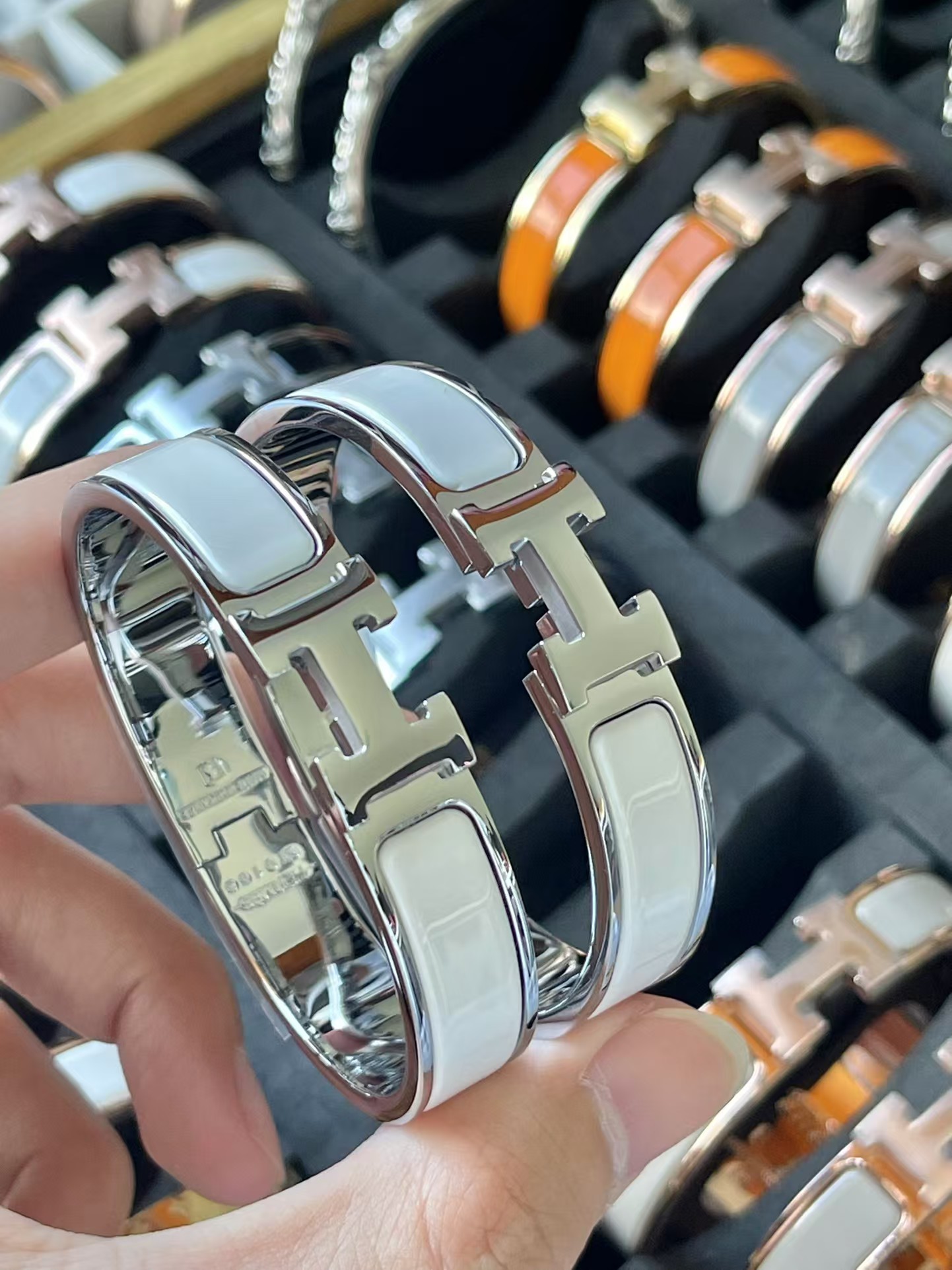 replica Hermes Wide H Enamel Bracelet Bangle - H Lin Jewelry