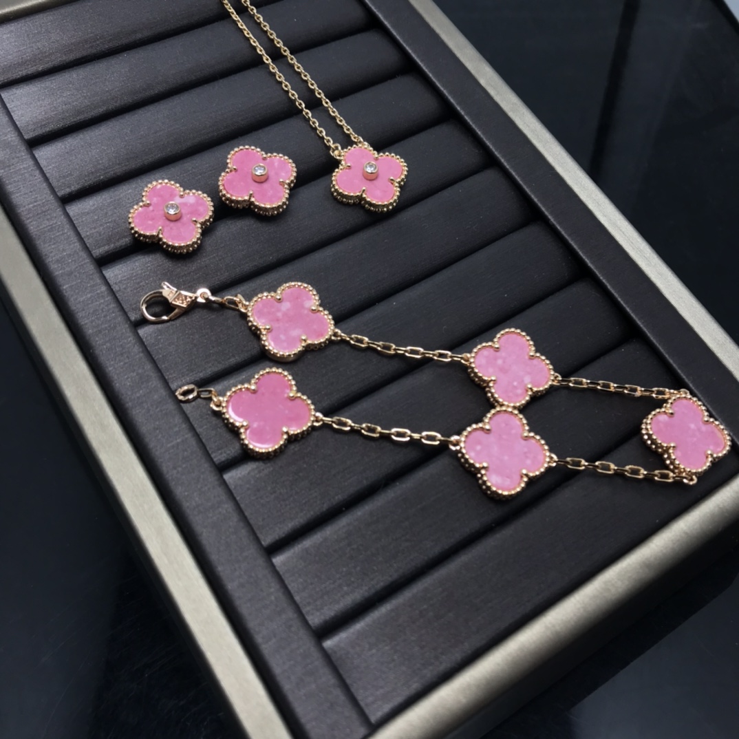replica Van Cleef & Arpels Pink Vintage Alhambra Earrings Bracelet Necklace - H Lin Jewelry