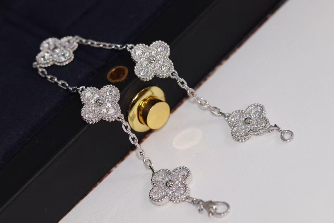 replica Van Cleef & Arpels White Gold Full Diamond Vintage Alhambra Bracelet 5 Motifs - H Lin Jewelry
