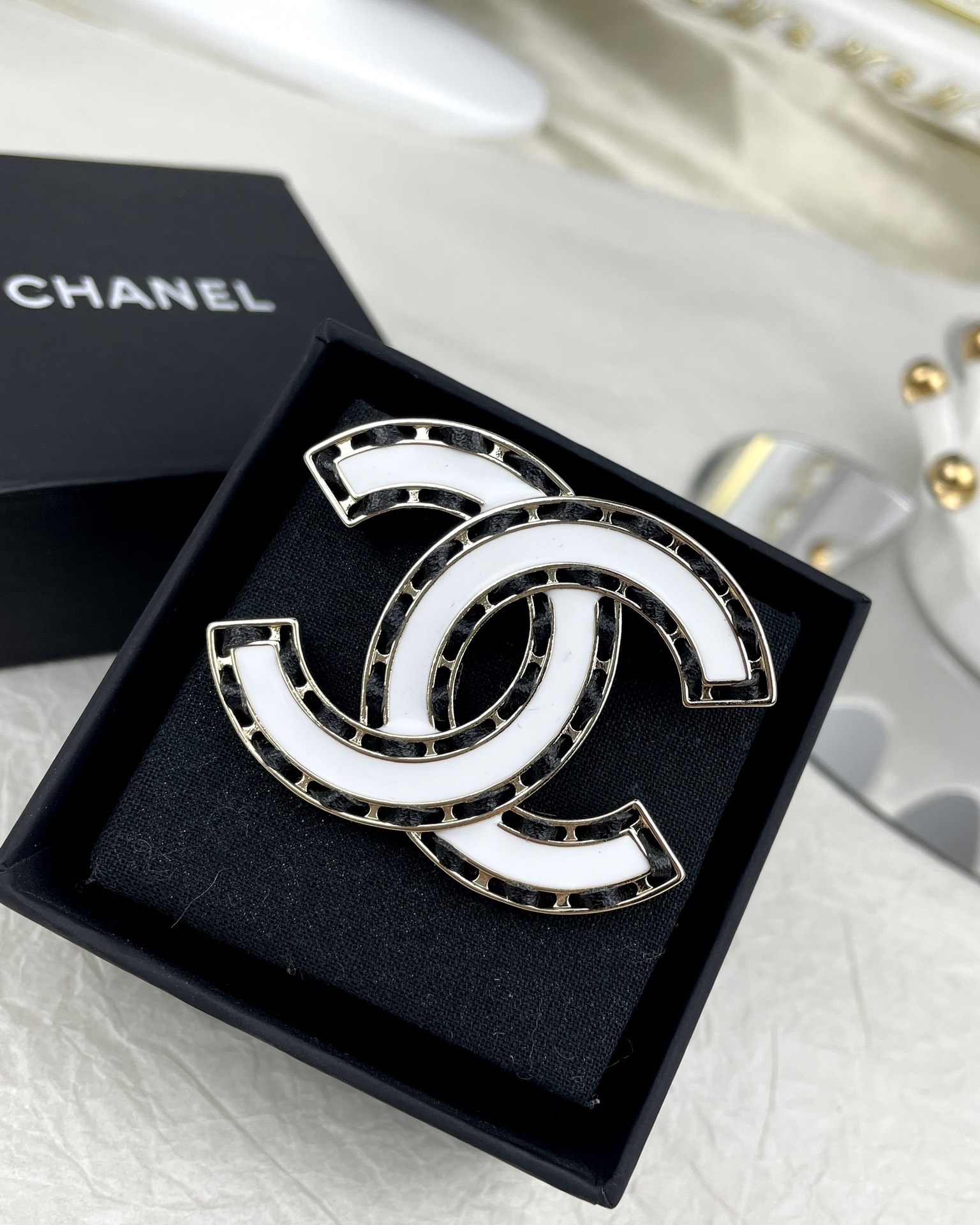 replica Chanel White Enamel Leather Woven CC Brooch - H Lin Jewelry