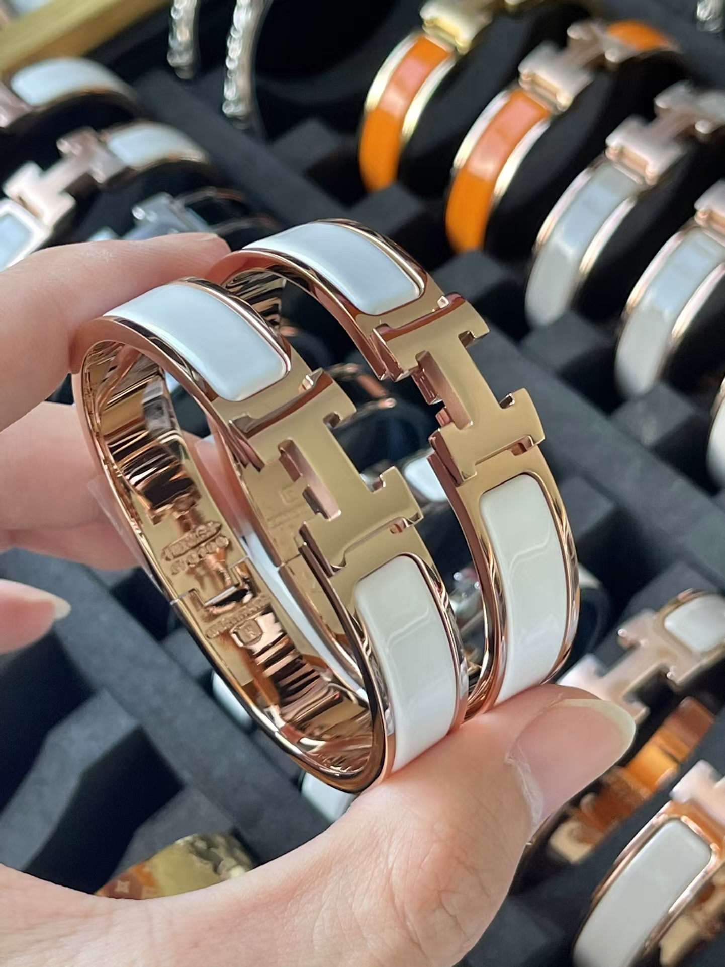 replica Hermes Wide H Enamel Bracelet Bangle - H Lin Jewelry