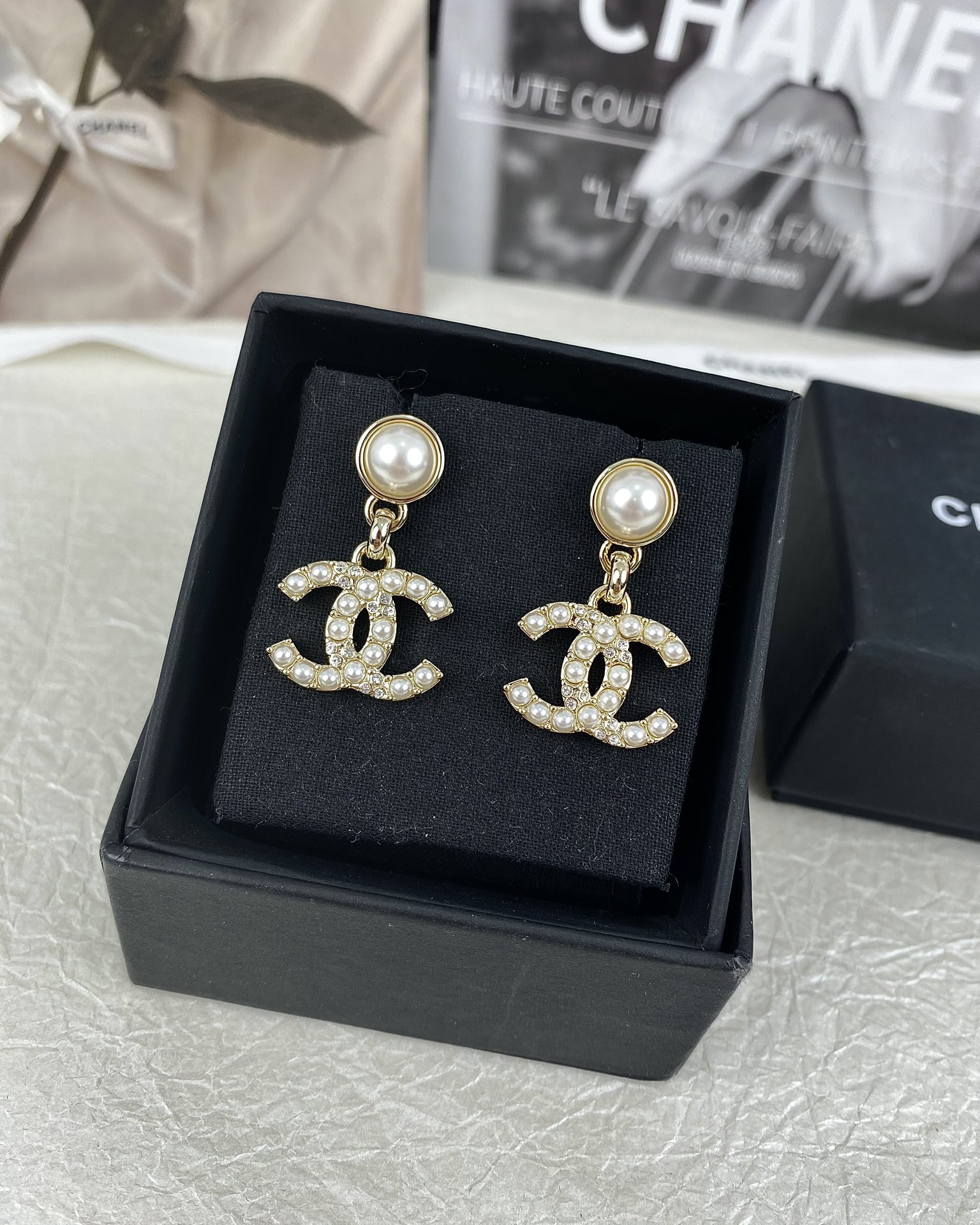 replica Chanel Pearl Paved CC Dangle Earrings - H Lin Jewelry