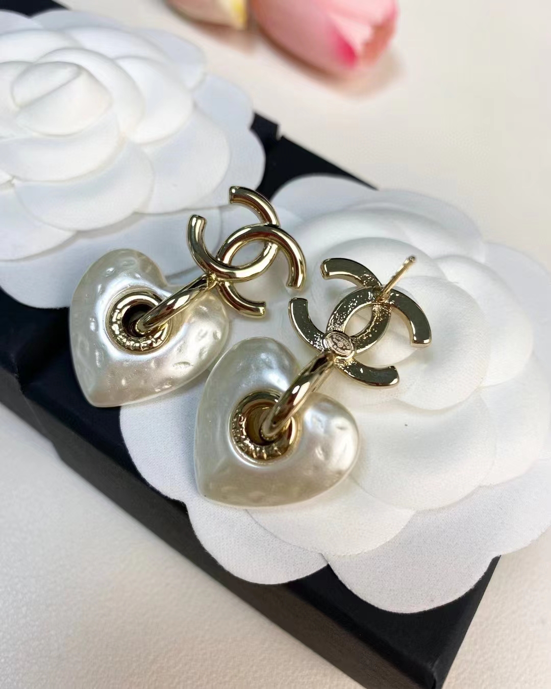 replica Chanel White Love Heart Double C Earrings - H Lin Jewelry