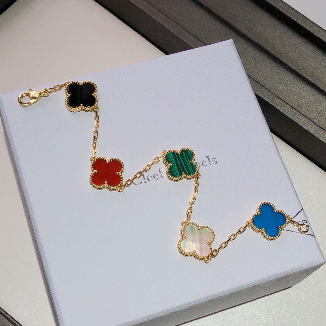 replica Van Cleef & Arpels 5 Colors Rainbow Vintage Alhambra Bracelet, 5 Motifs - H Lin Jewelry