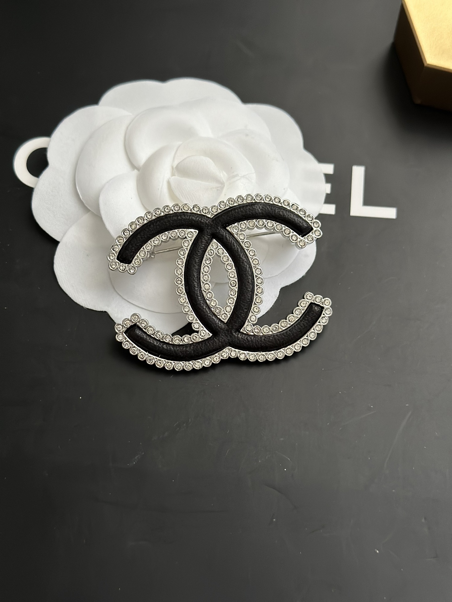 replica Chanel Paved Diamond Black Leather CC Brooch - H Lin Jewelry