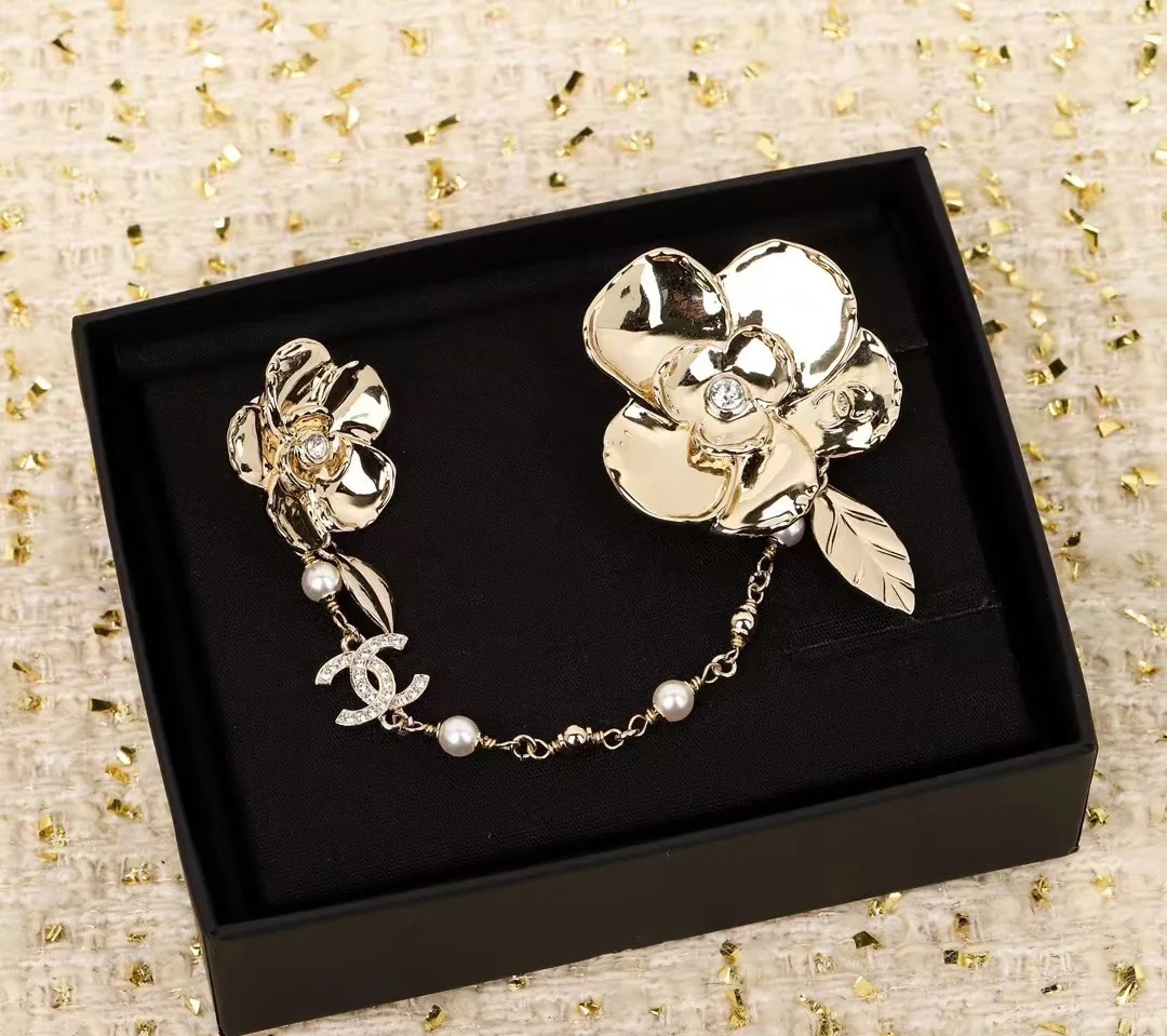 replica Chanel Camellia with Chain Flower Brooch - H Lin Jewelry
