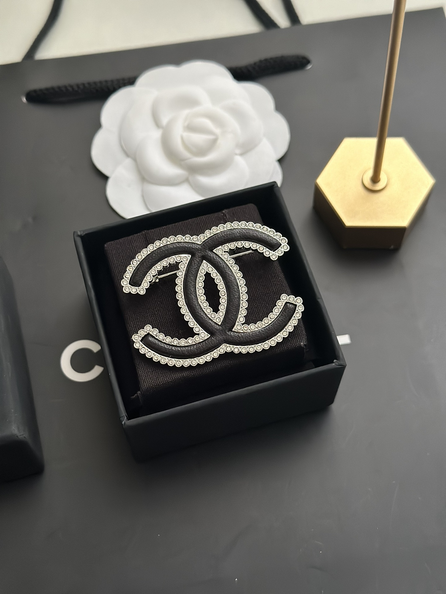 replica Chanel Paved Diamond Black Leather CC Brooch - H Lin Jewelry