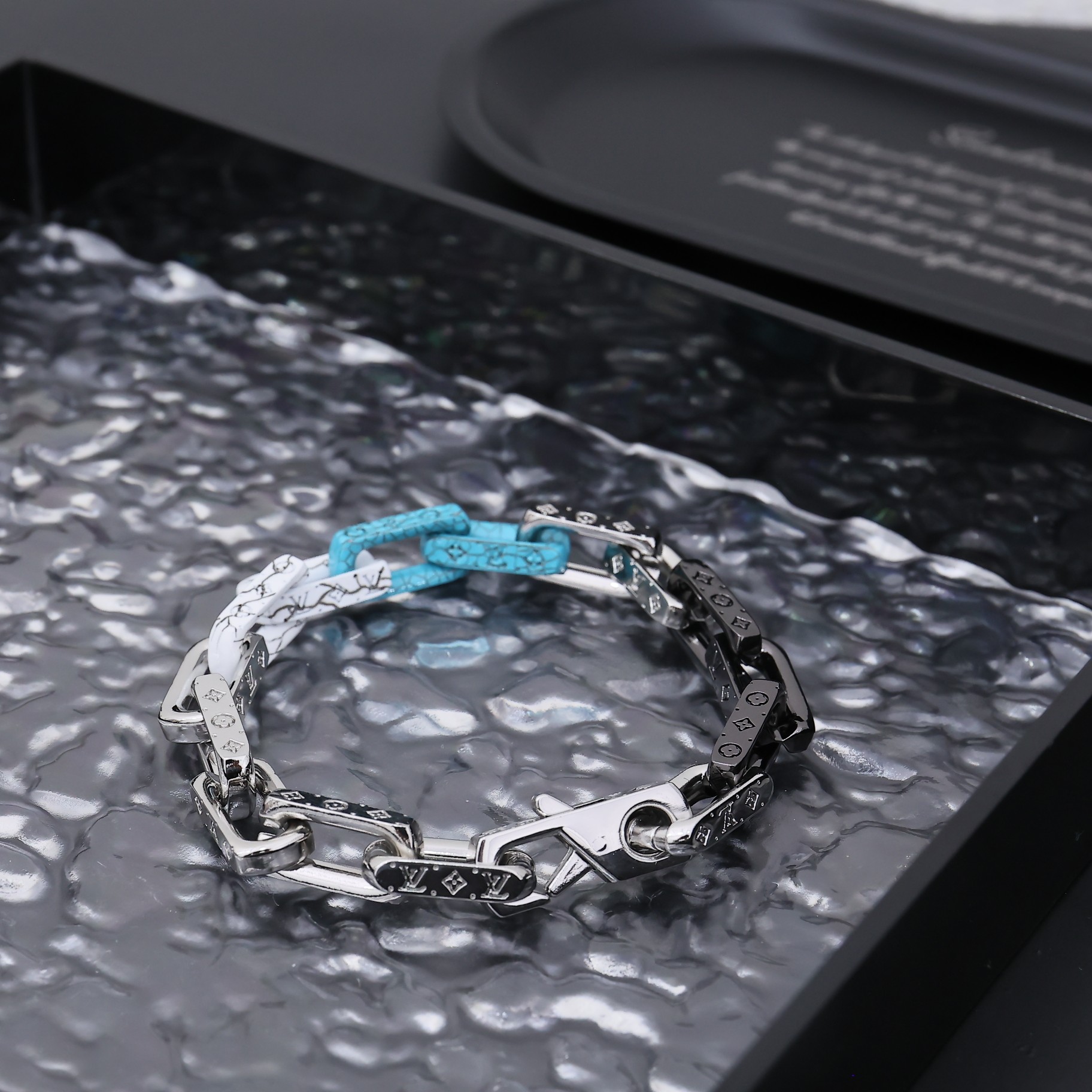 replica Louis Vuitton Silver Blue Black Colors Monogram Mens Bracelet - H Lin Jewelry
