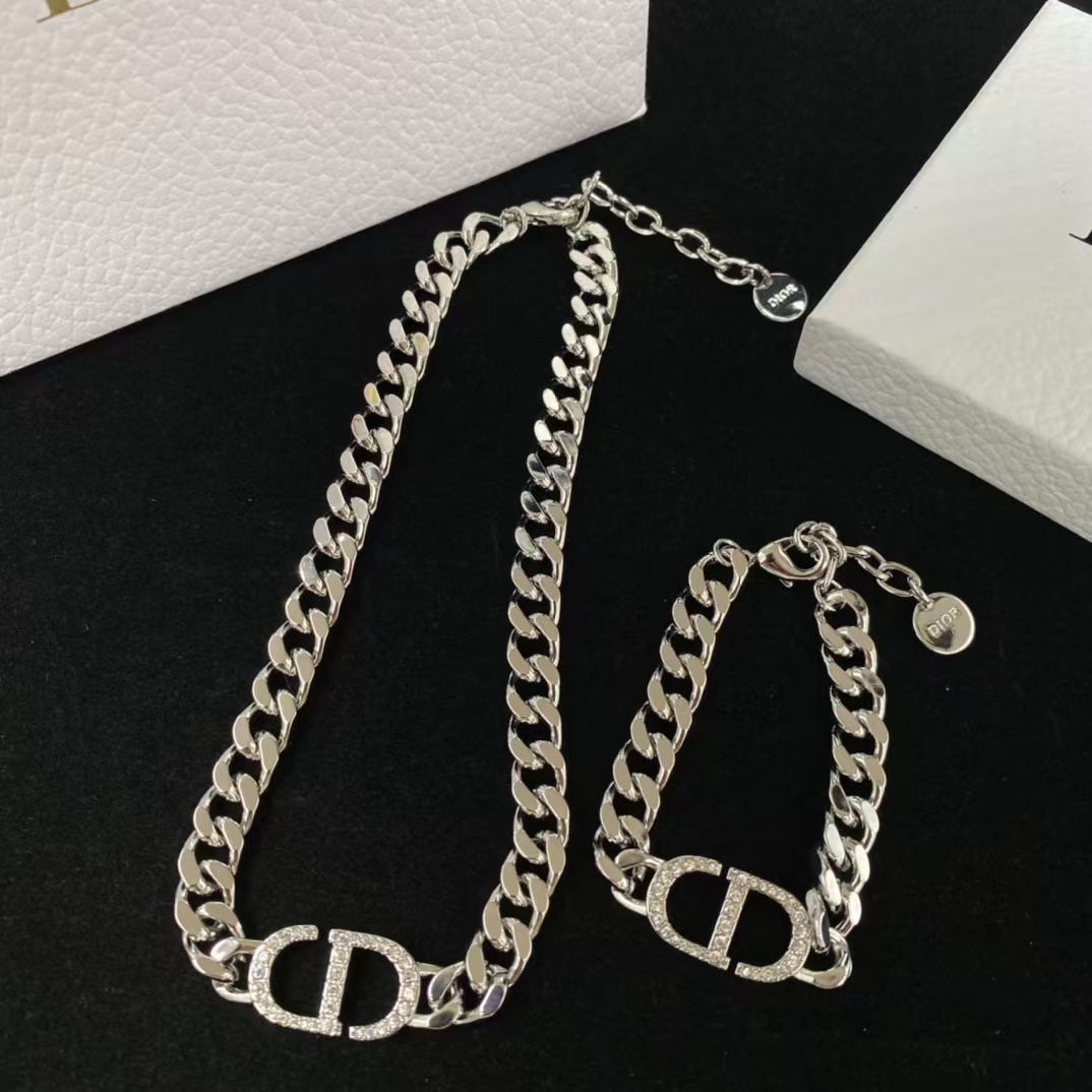 replica Dior Chunky Silver Cuban Chain CD Necklace Bracelet - H Lin Jewelry