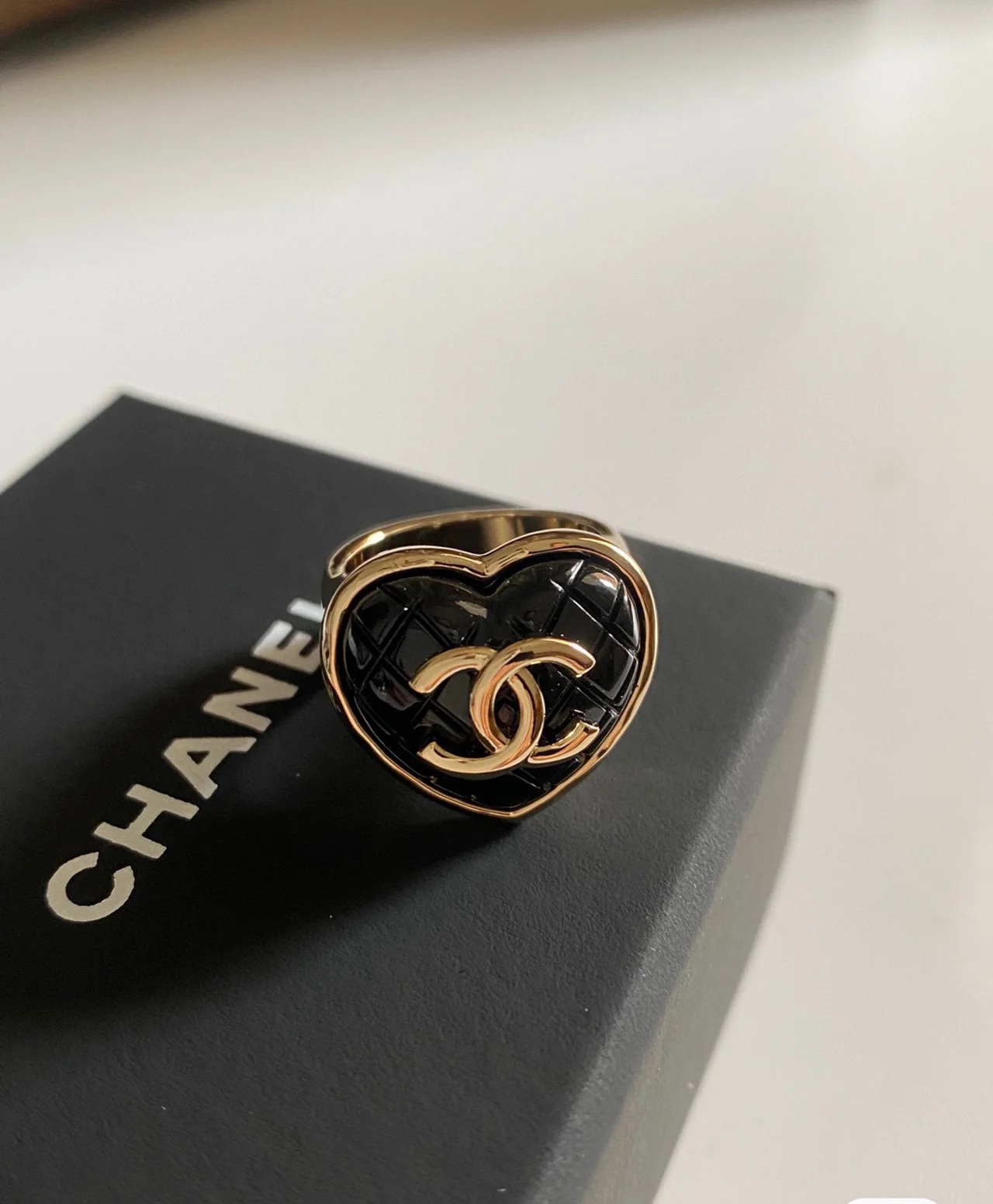 replica Chanel Large Quilted Black Heart Ring - H Lin Jewelry