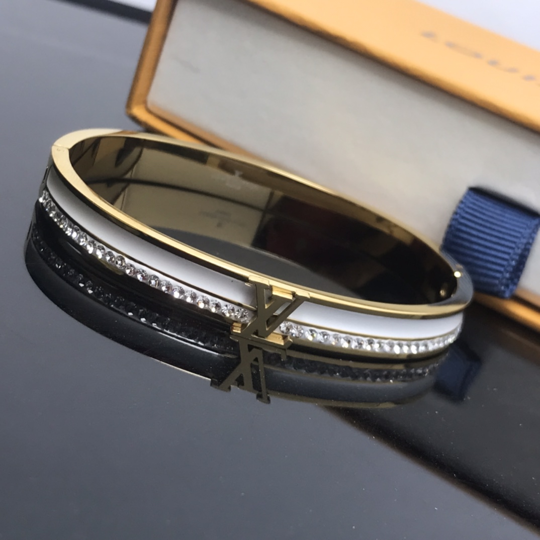 replica Louis Vuitton White Enamel Diamond LV Bangle Bracelet - H Lin Jewelry