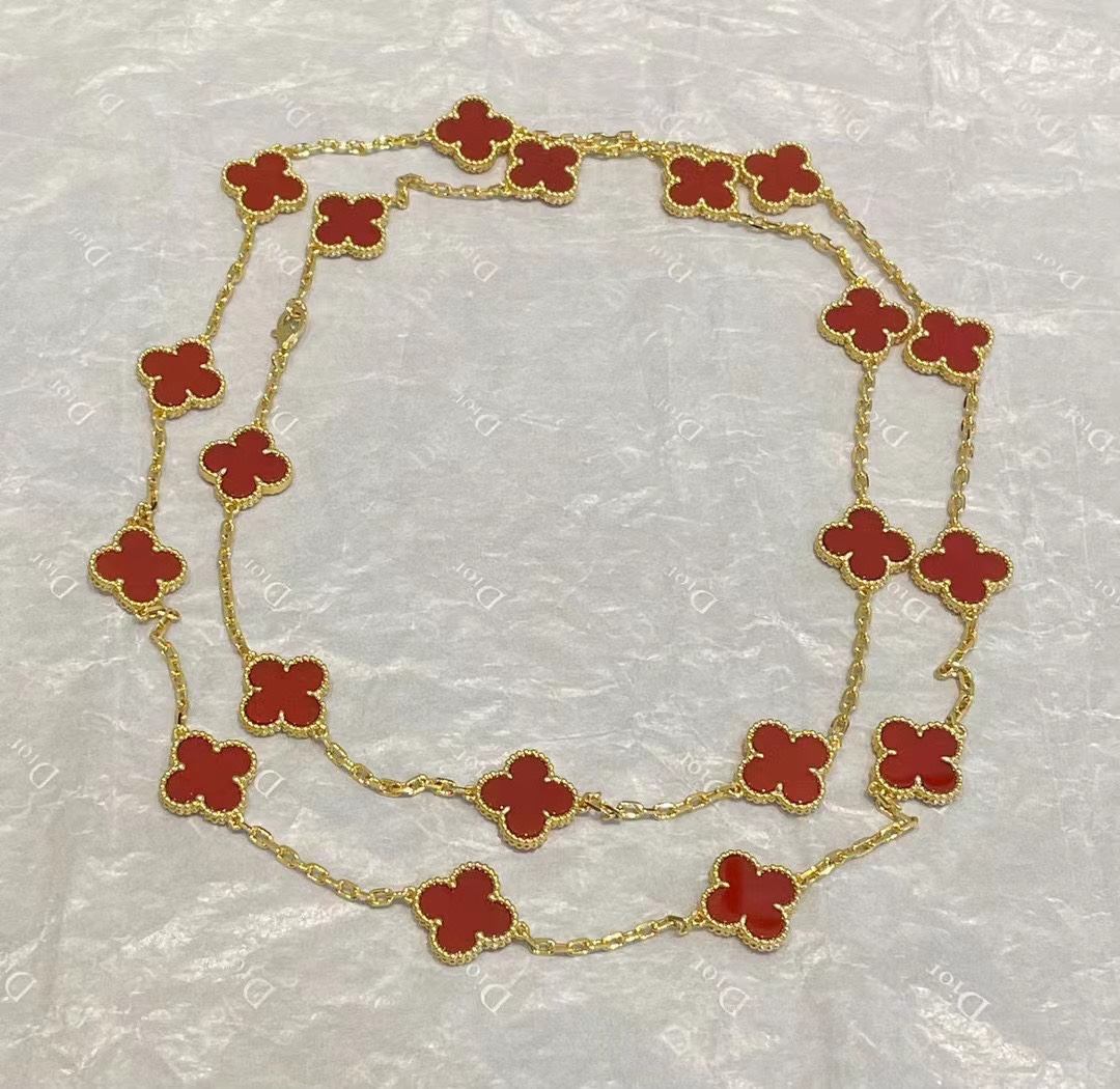 replica Van Cleef & Arpels Yellow Gold 20 Carnelian Clover Vintage Alhambra Long Necklace - H Lin Jewelry