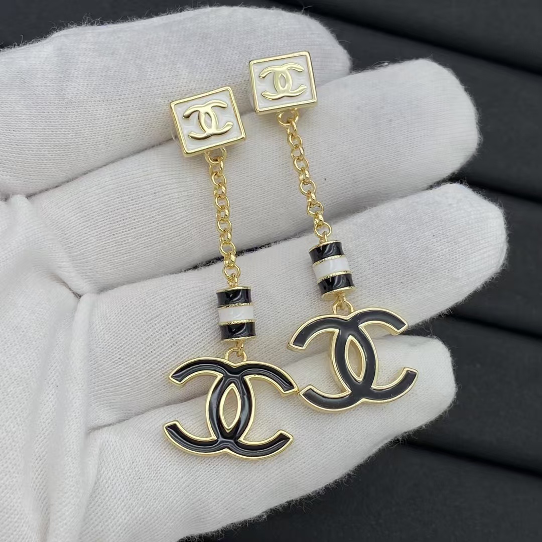 replica Chanel Black White Enamel Chain Tassel with Double C Earrings - H Lin Jewelry