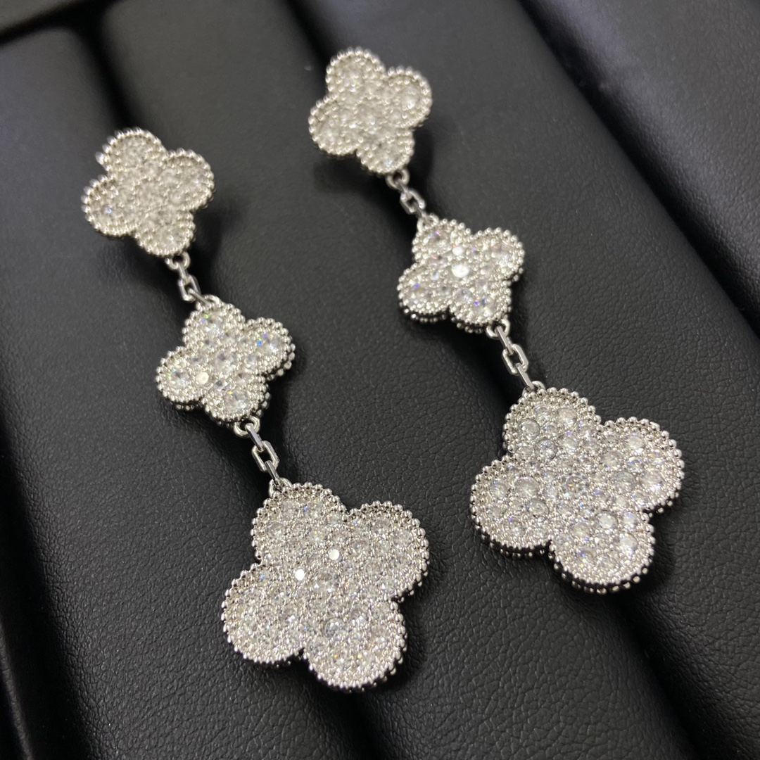 replica Van Cleef & Arpels Paved Full Diamond Long Clover Earrings - H Lin Jewelry