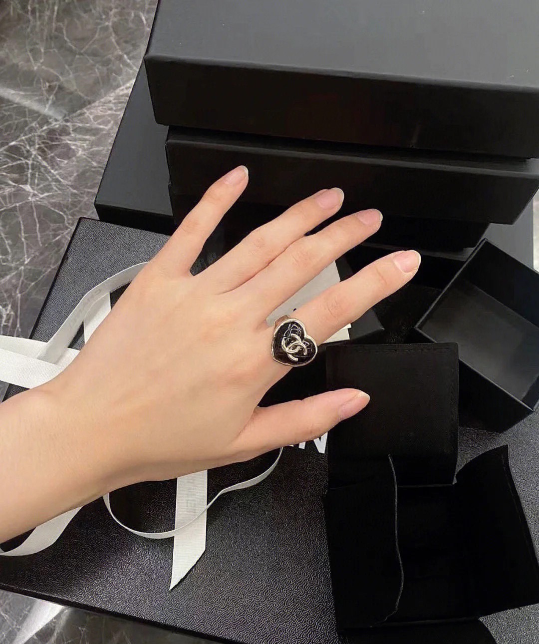 replica Chanel Large Quilted Black Heart Ring - H Lin Jewelry