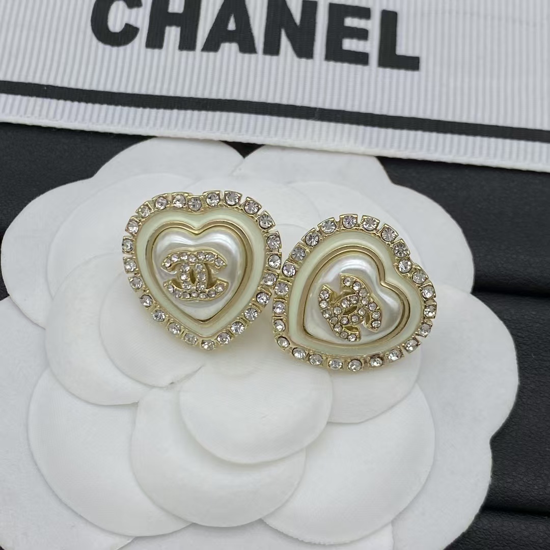 replica Chanel Strass Paved Heart Stud Earrings - H Lin Jewelry