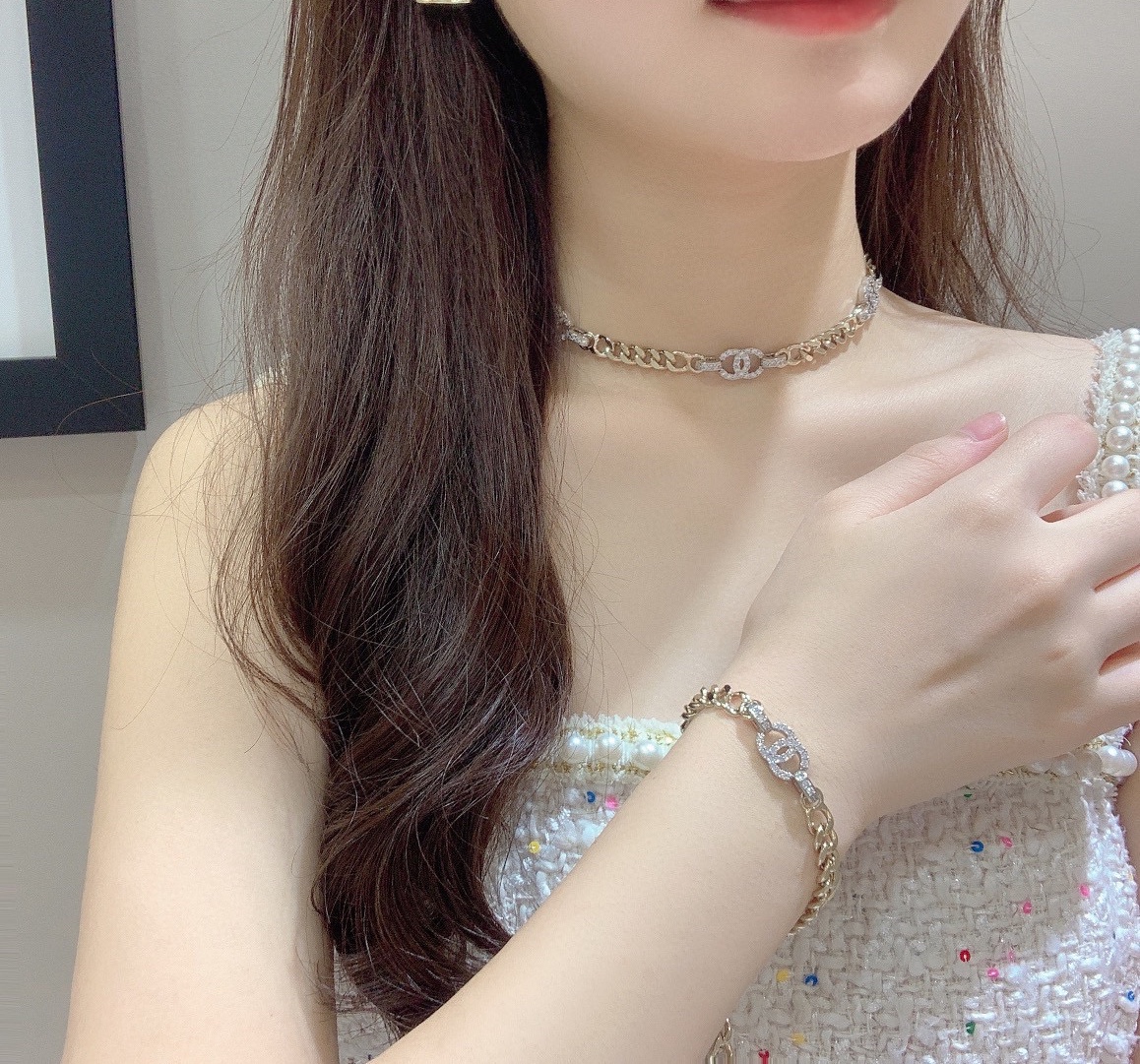 replica Chanel Mixed Color Cuban Chain Bracelet Earrings Choker Necklace - H Lin Jewelry