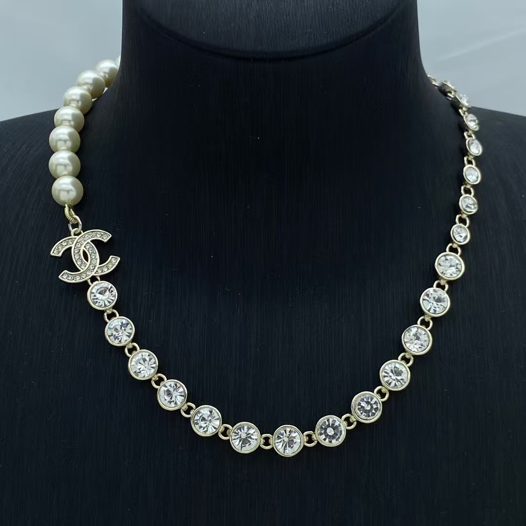 replica Chanel  Half Diamond Chain and Half Pearl Necklace - H Lin Jewelry