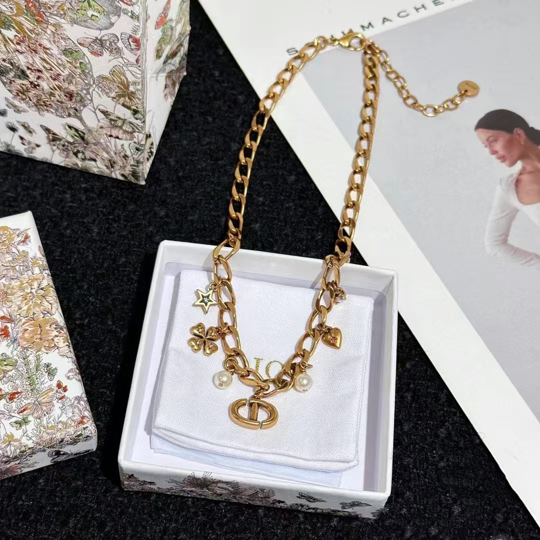 replica Dior Vintage Cuban Chain with Charms CD Pendant Necklace - H Lin Jewelry