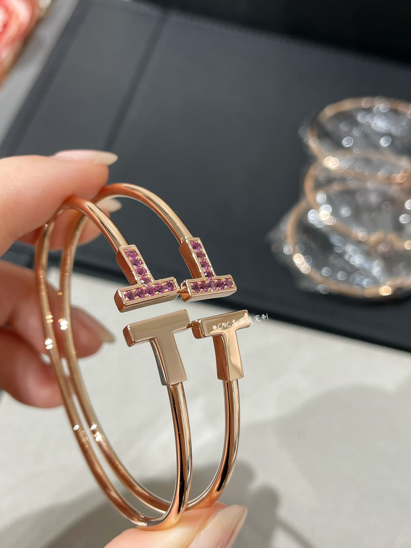 replica Tiffany Paved Pink Diamond Double T Bangle Bracelet - H Lin Jewelry