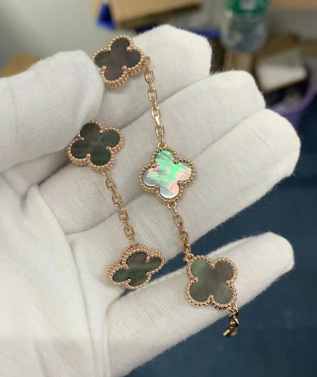 replica Van Cleef & Arpels Grey Clover Vintage Alhambra Bracelet, 5 Motifs - H Lin Jewelry