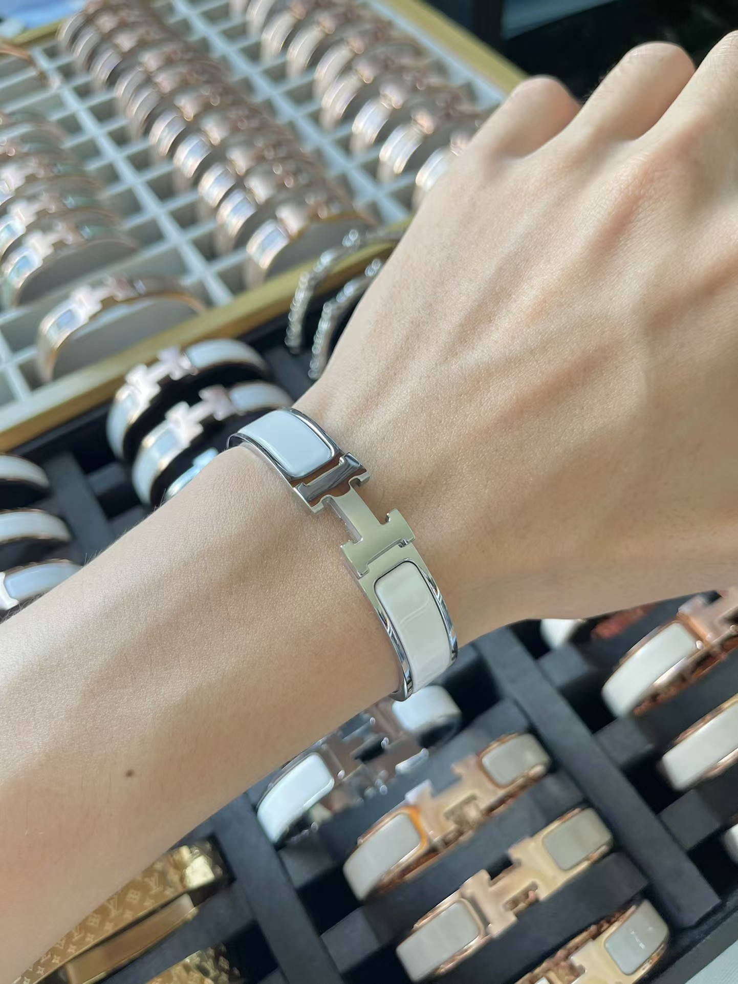 replica Hermes Wide H Enamel Bracelet Bangle - H Lin Jewelry