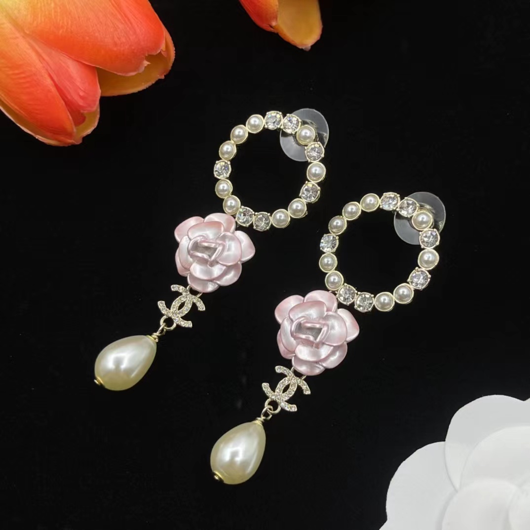 replica Chanel Pink Camellia Pearl Dangle Earrings - H Lin Jewelry