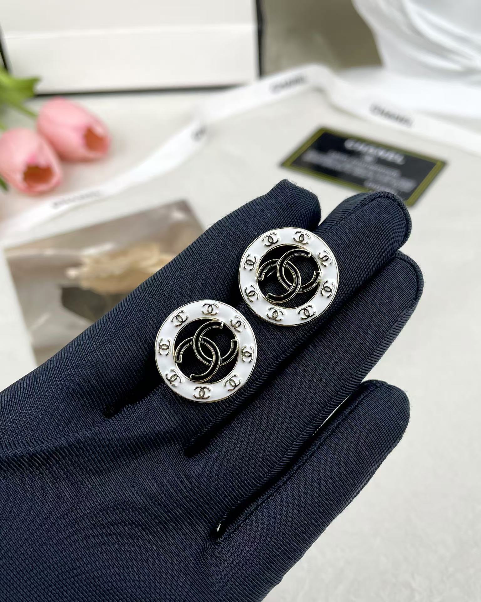 replica Chanel Round White and Black Enamel Stud Earrings - H Lin Jewelry
