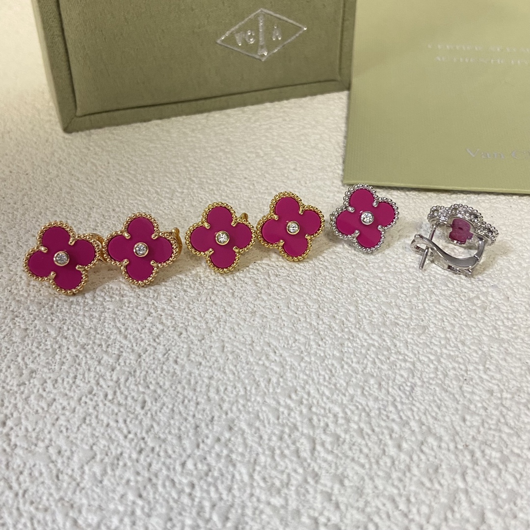 replica Van Cleef & Arpels Rose Red Diamond Alhambra Earrings - H Lin Jewelry