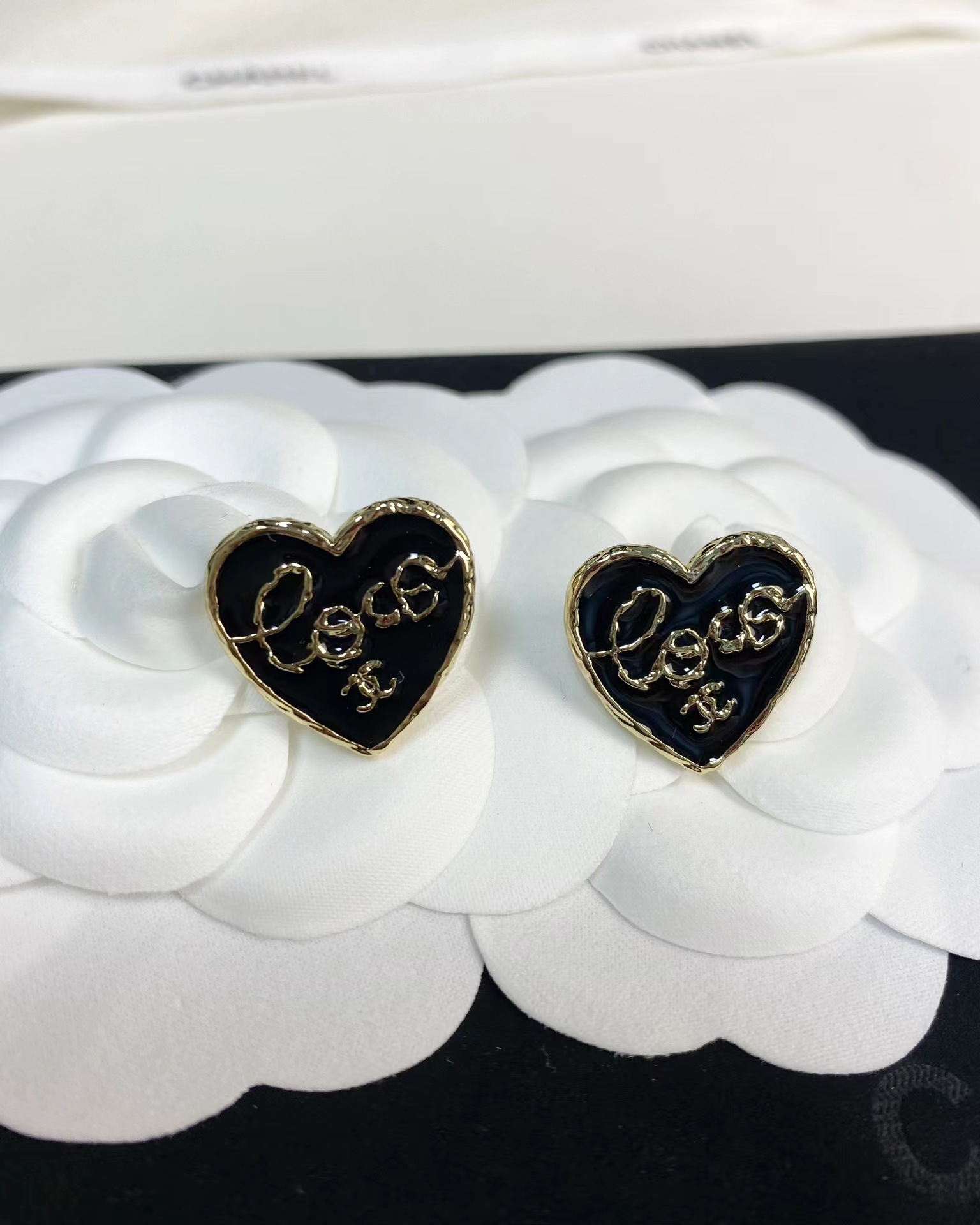 replica Chanel Black Love Heart Stud Earrings - H Lin Jewelry