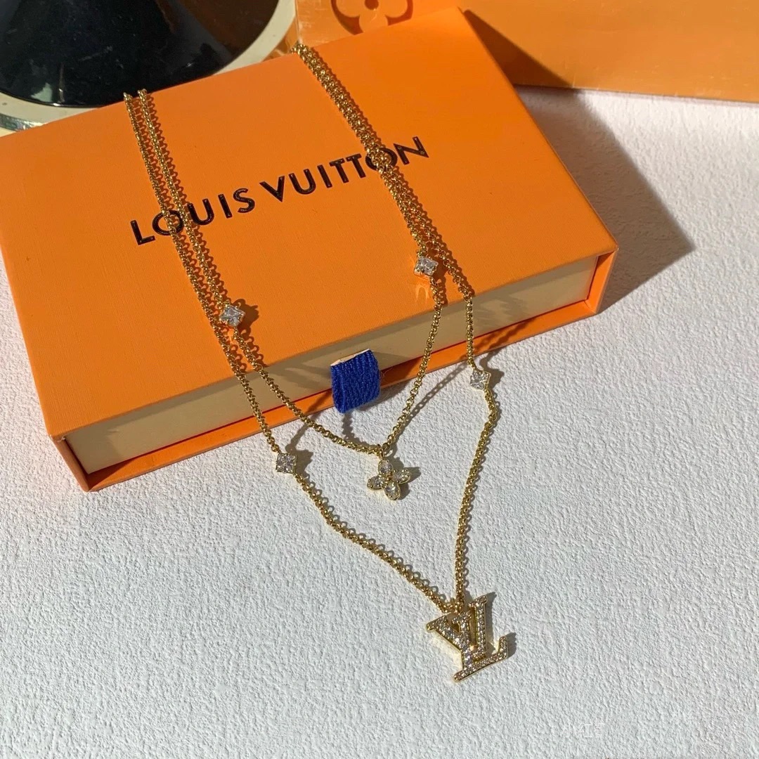 replica Louis Vuitton 2 Layers Diamond LV Monogram Pendant Necklace - H Lin Jewelry