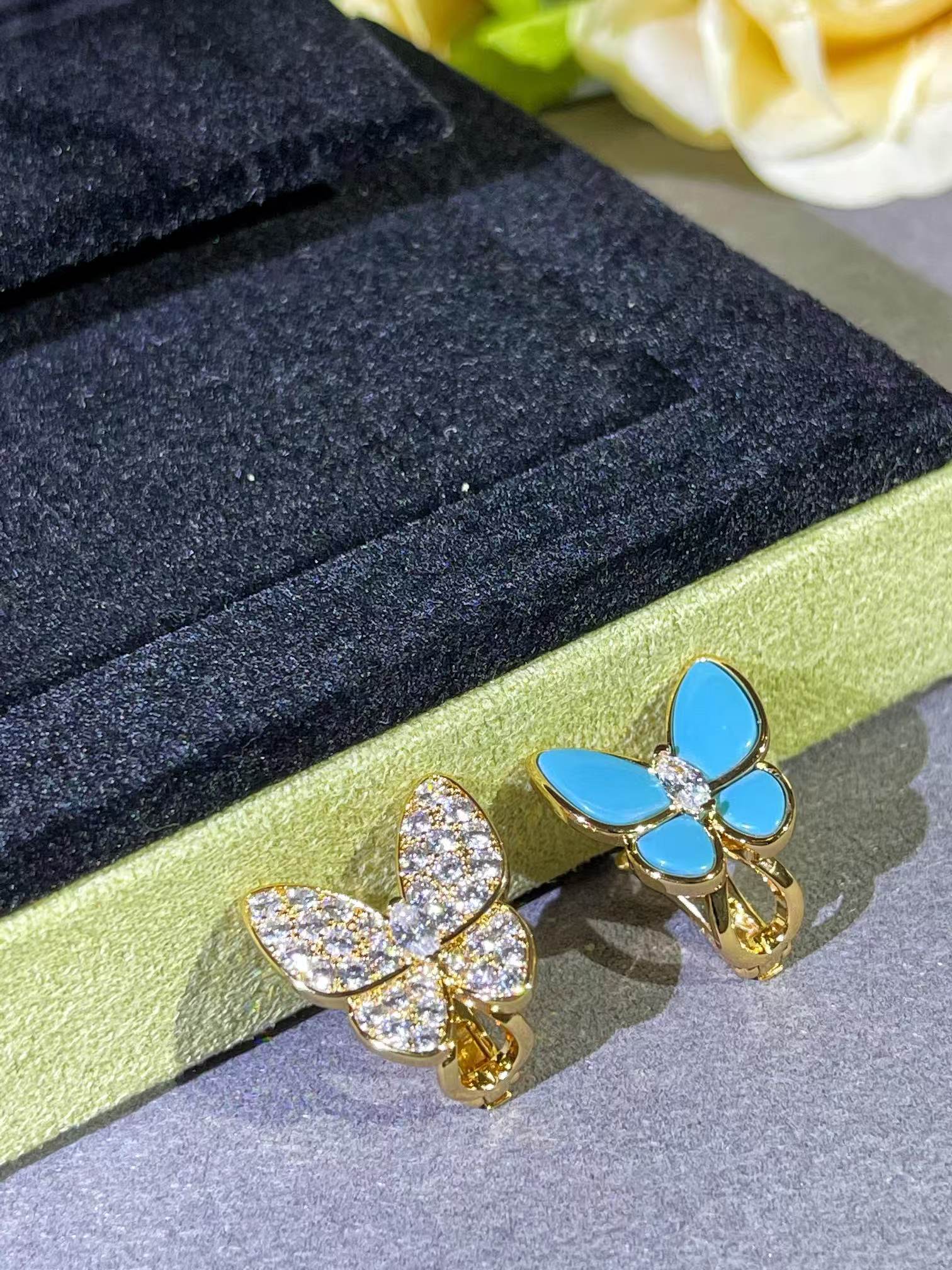 replica Van Cleef & Arpels Blue & Diamond Two Butterfly Earrings - H Lin Jewelry