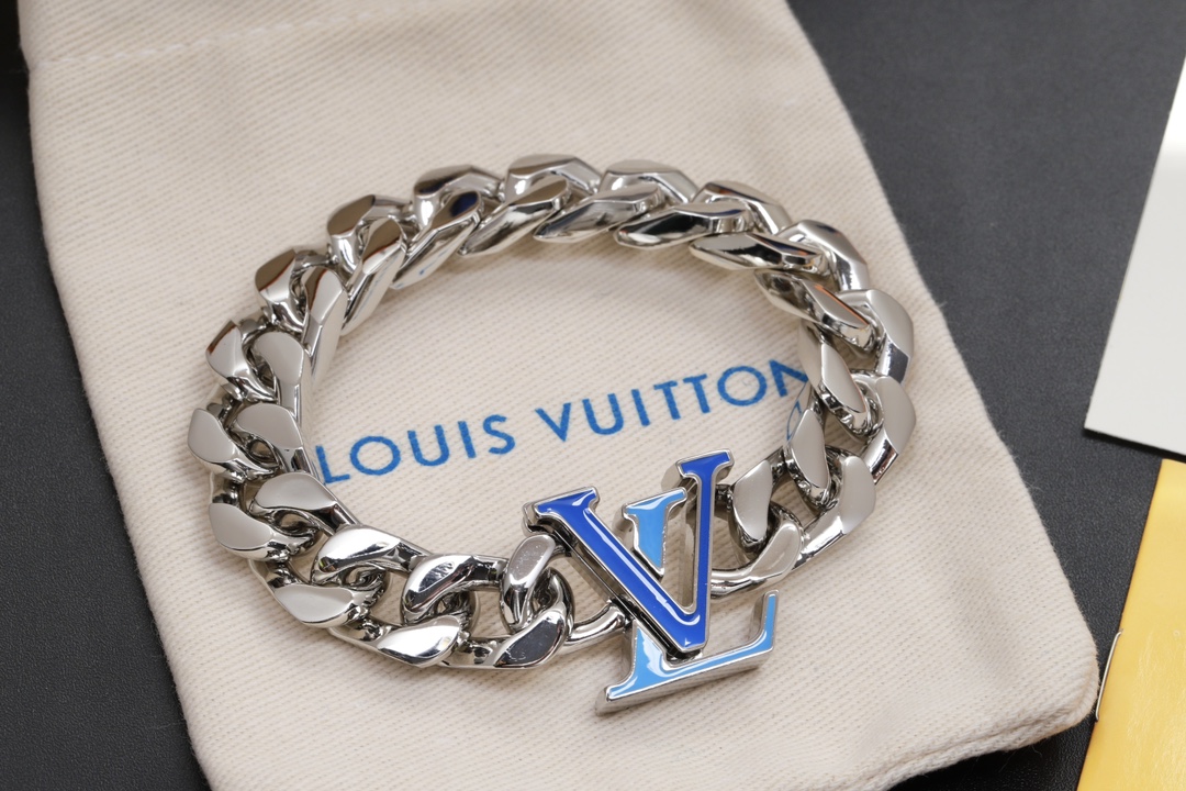 replica Louis Vuitton Silver Chunky Cuban Chain Blue LV Men's Bracelet - H Lin Jewelry