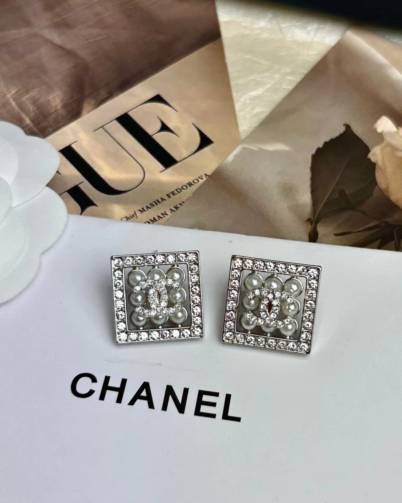 replica Chanel Square Diamond and Pearl Earrings - H Lin Jewelry