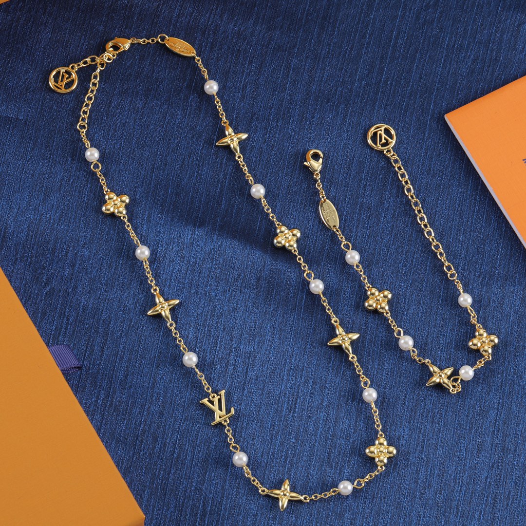 replica Louis Vuitton Floating Pearl LV Bracelet and Necklace - H Lin Jewelry