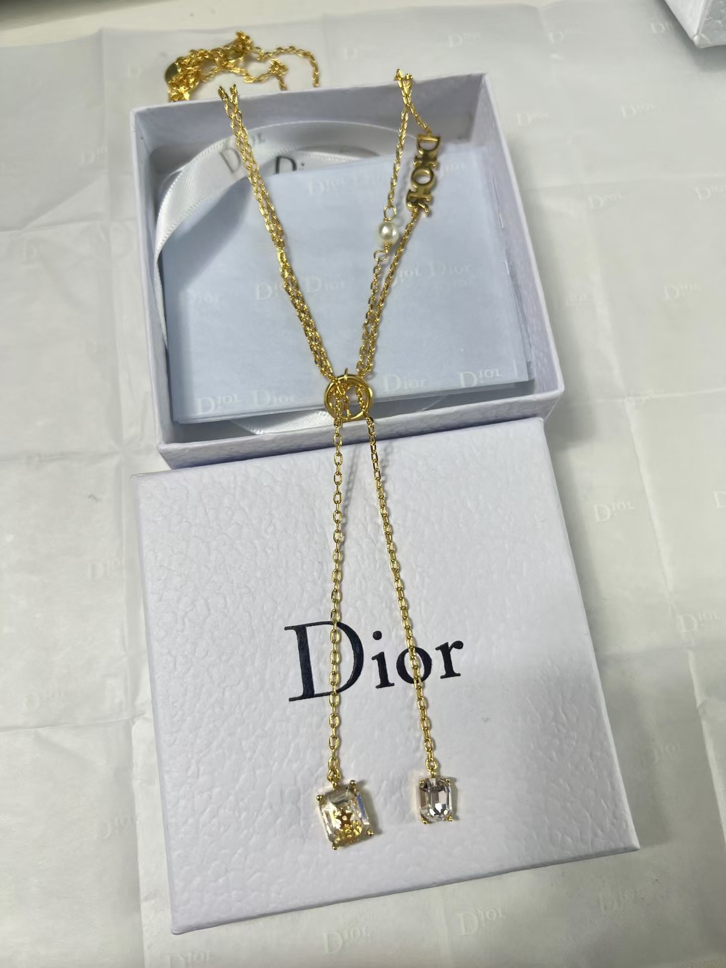 replica Dior Two Layered Two String Diamond Pendant Drop Y Necklace - H Lin Jewelry