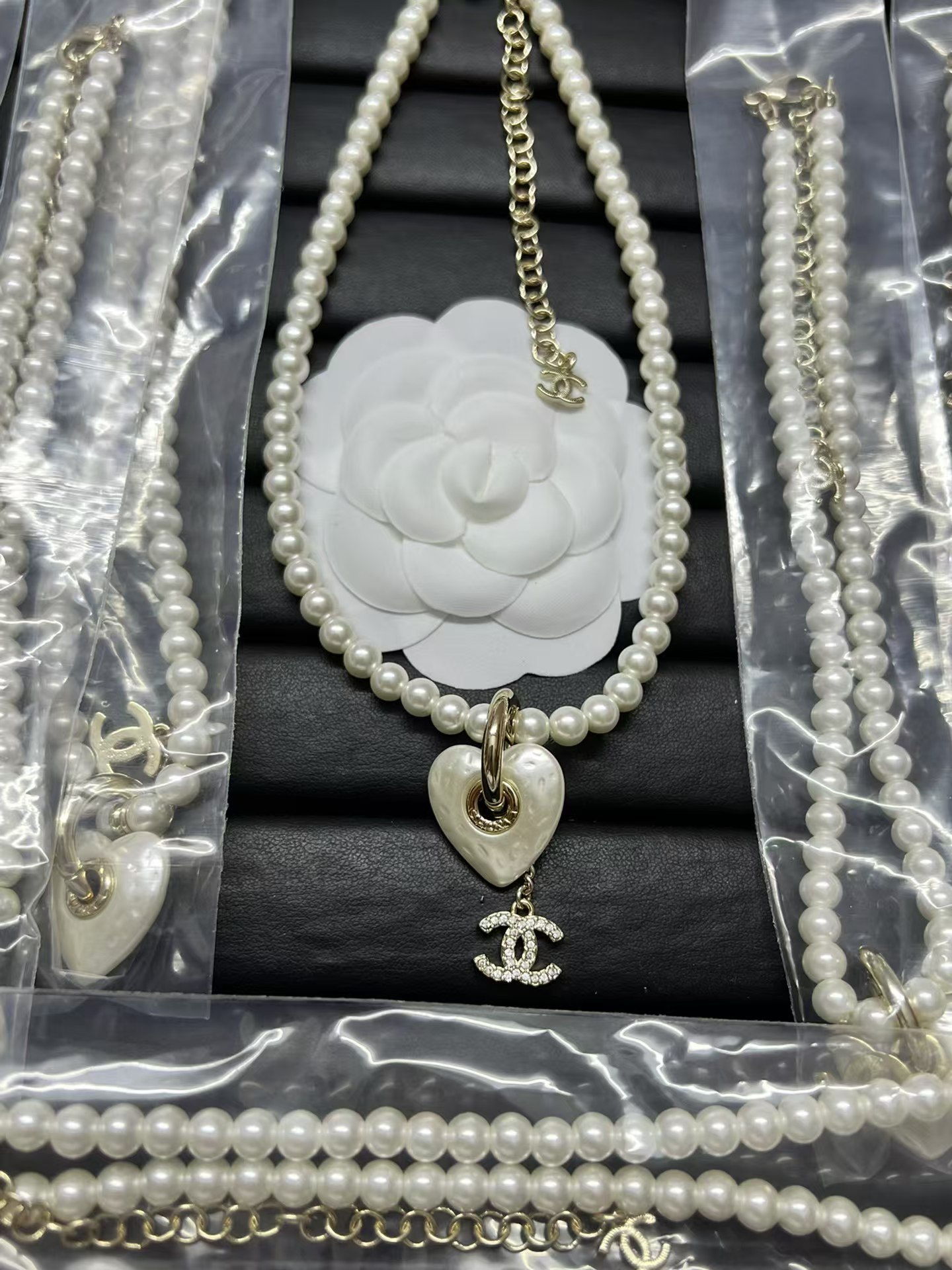 replica Chanel Heart with Double C Pendant Drop Pearl Necklace - H Lin Jewelry