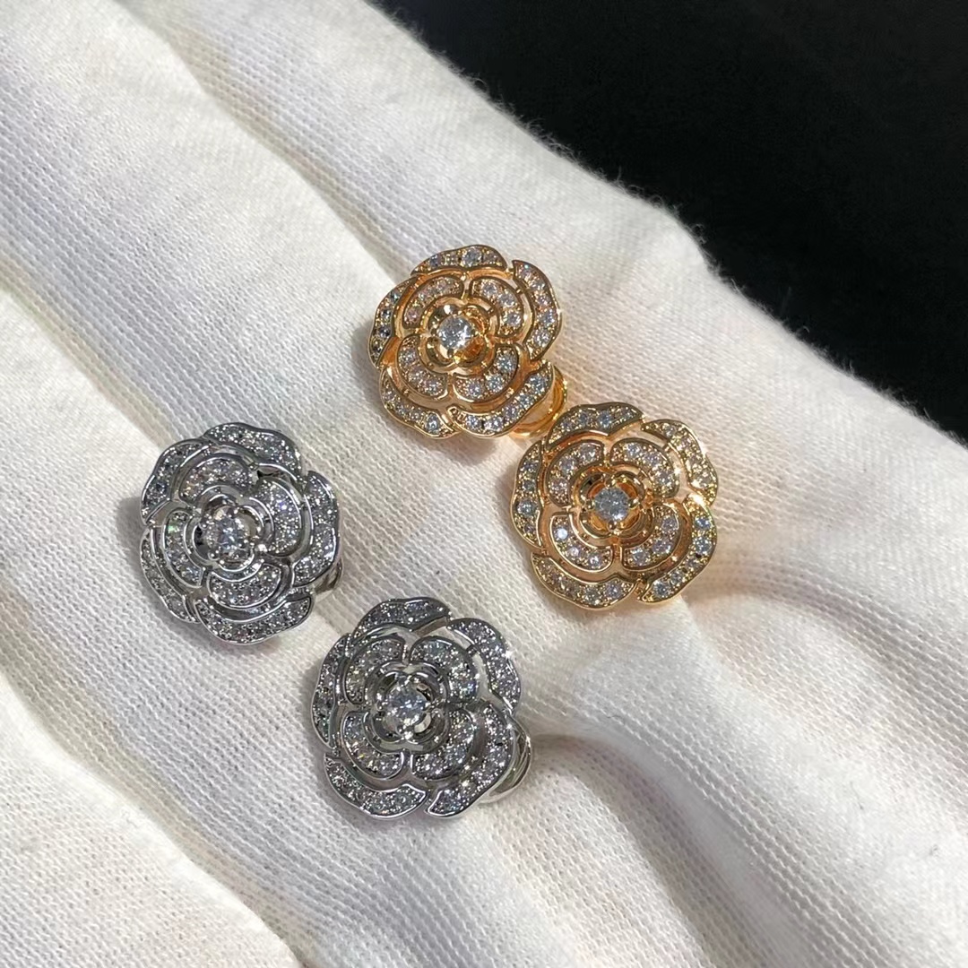 replica Chanel Diamond Camellia Stud Earrings - H Lin Jewelry