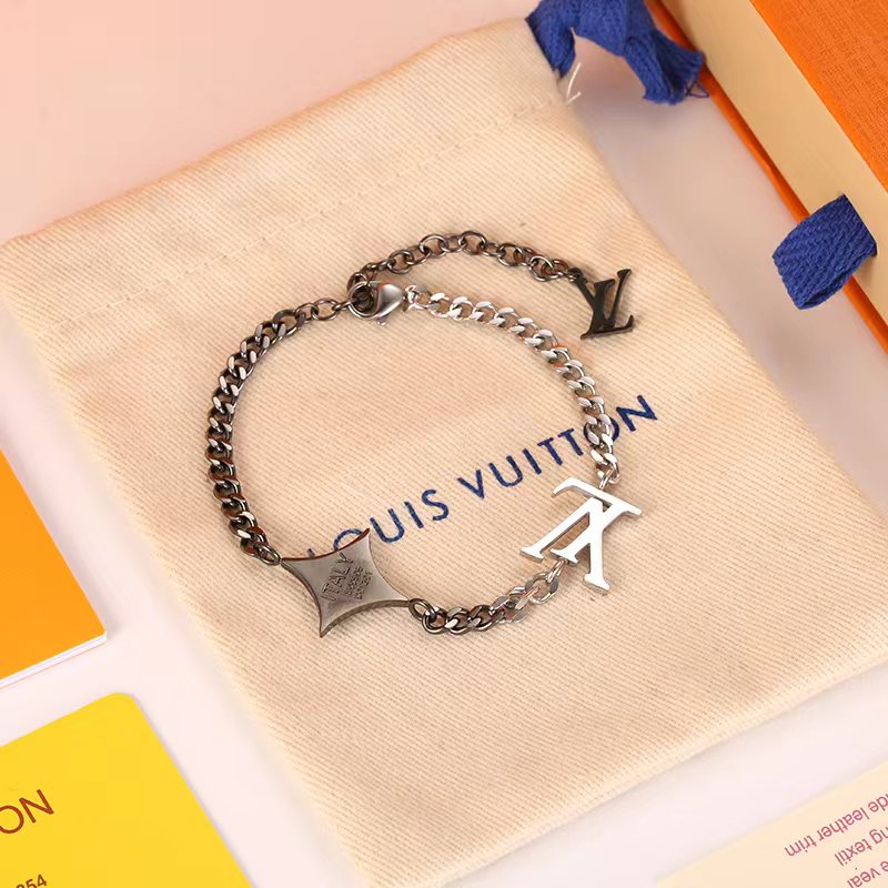 replica Louis Vuitton Silver Black Gold Mixed Metal Color Unisex Bracelet - H Lin Jewelry