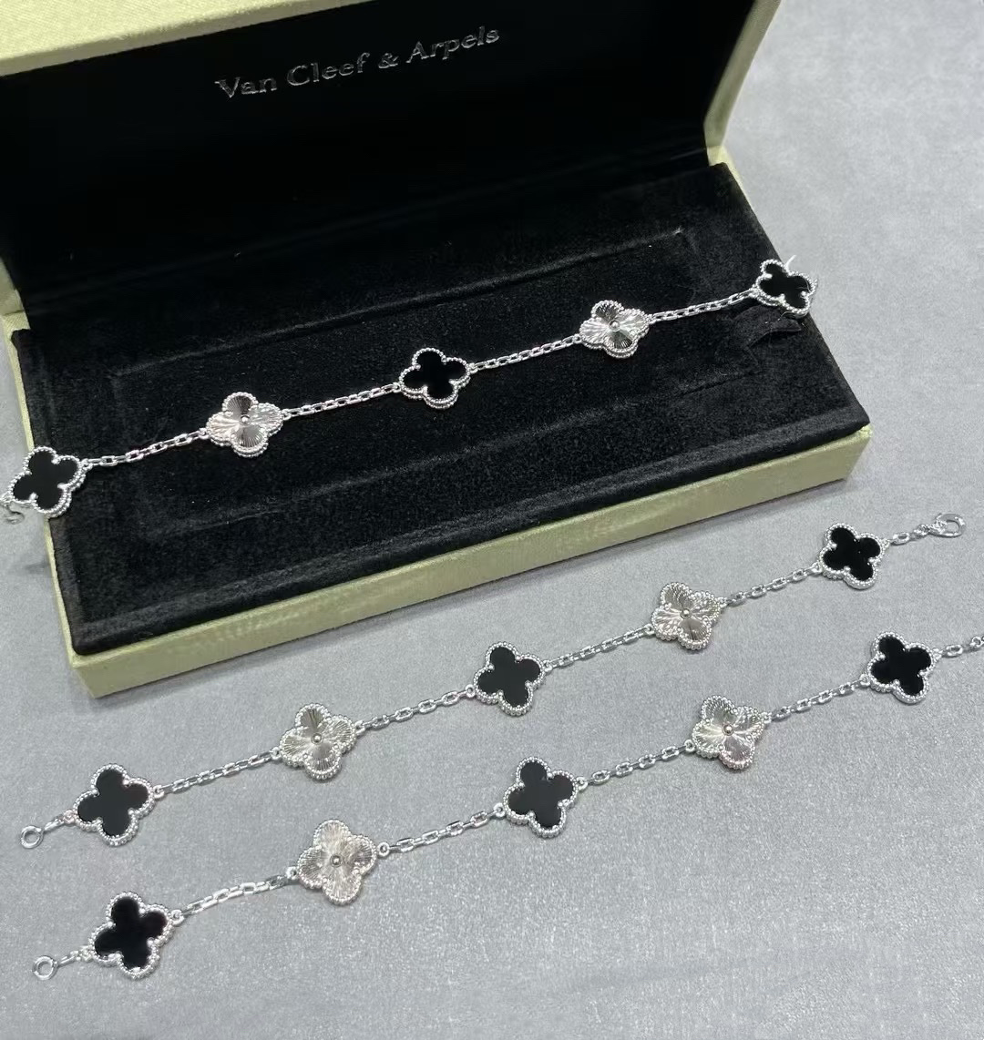 replica Van Cleef & Arpels Black Onyx & Silver Vintage Alhambra Bracelet, 5 Motifs - H Lin Jewelry