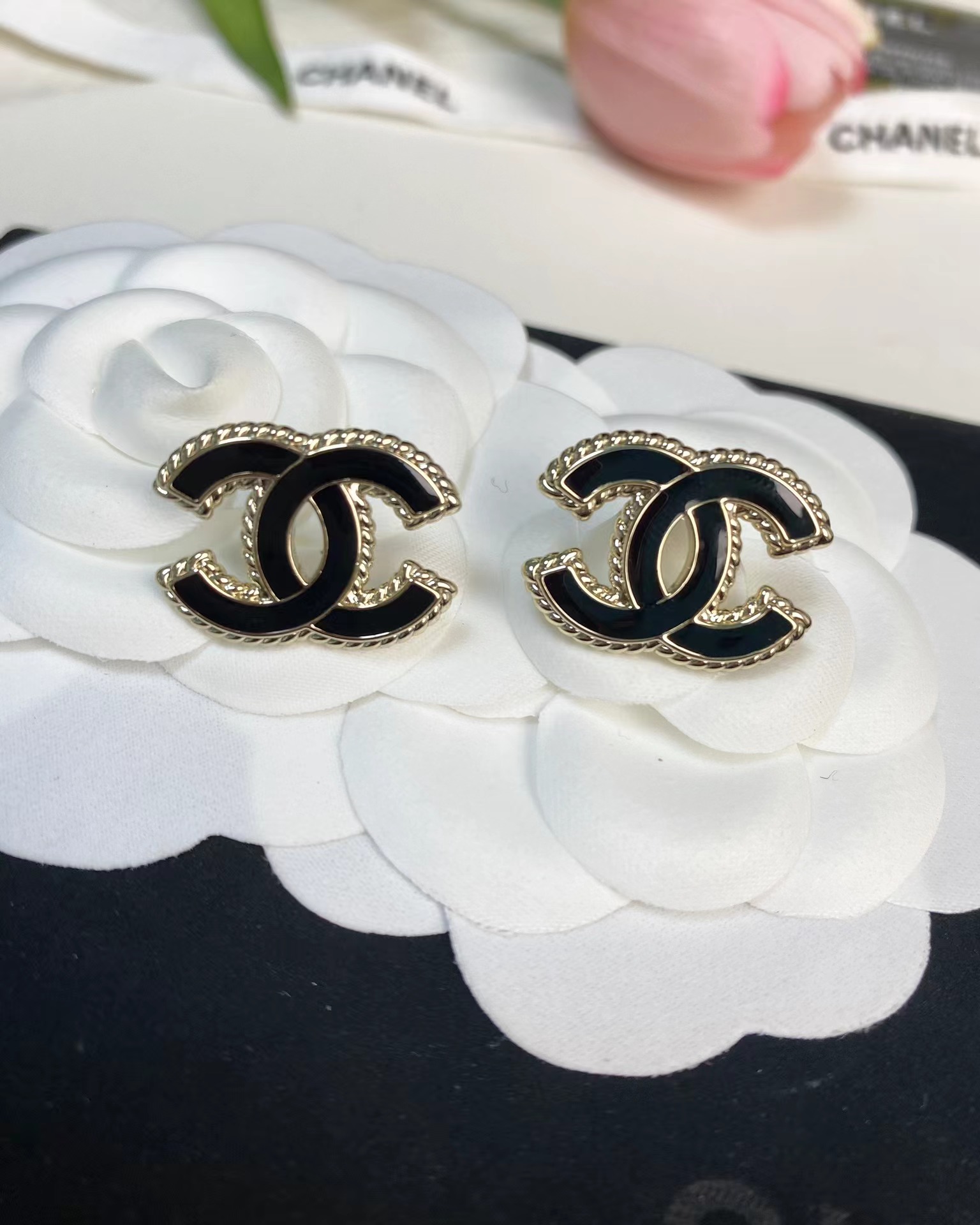 replica Chanel Gold Edge Black Double C Earring - H Lin Jewelry