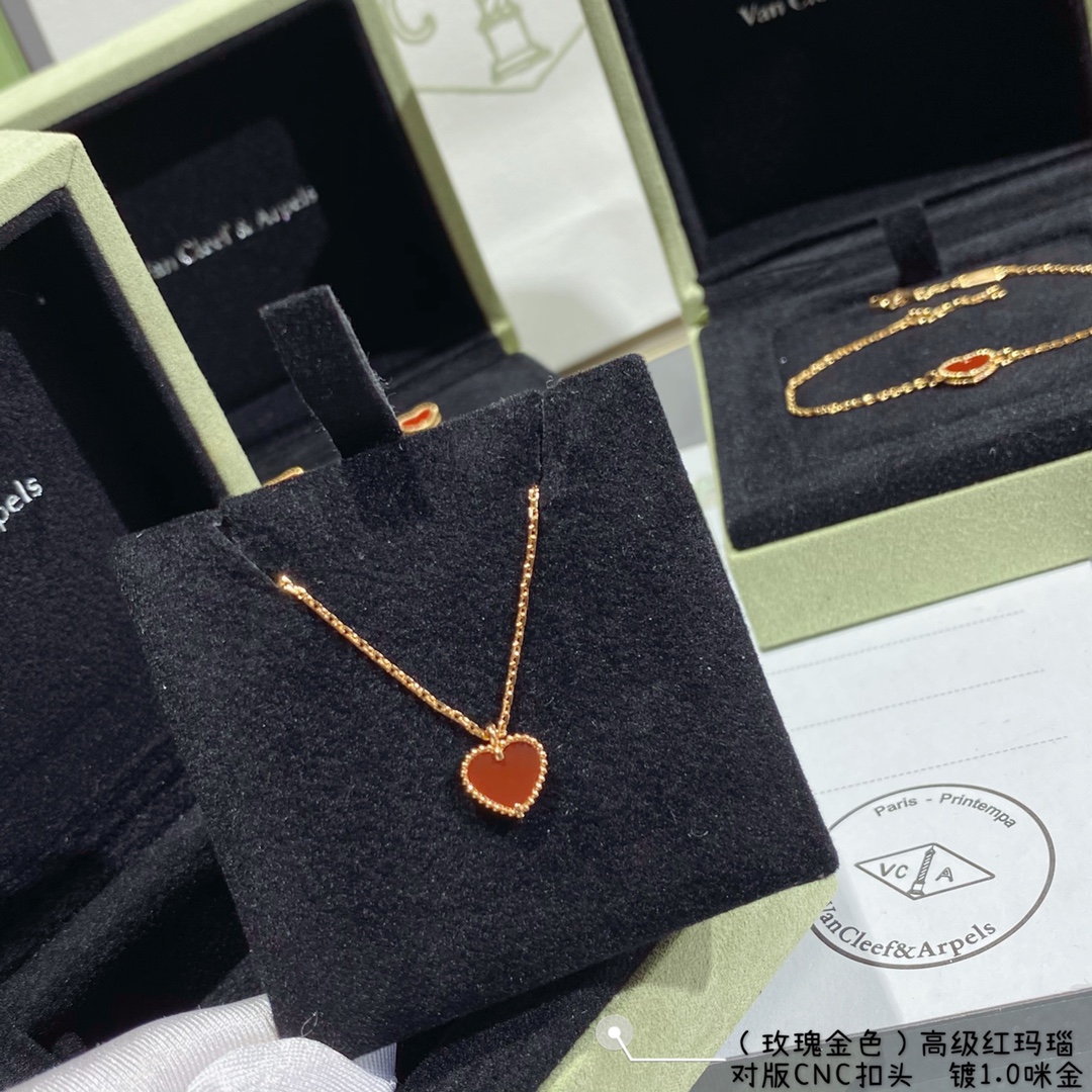 replica Van Cleef & Arpels Yellow Gold Red Sweet Heart Earrings Bracelet Necklace - H Lin Jewelry